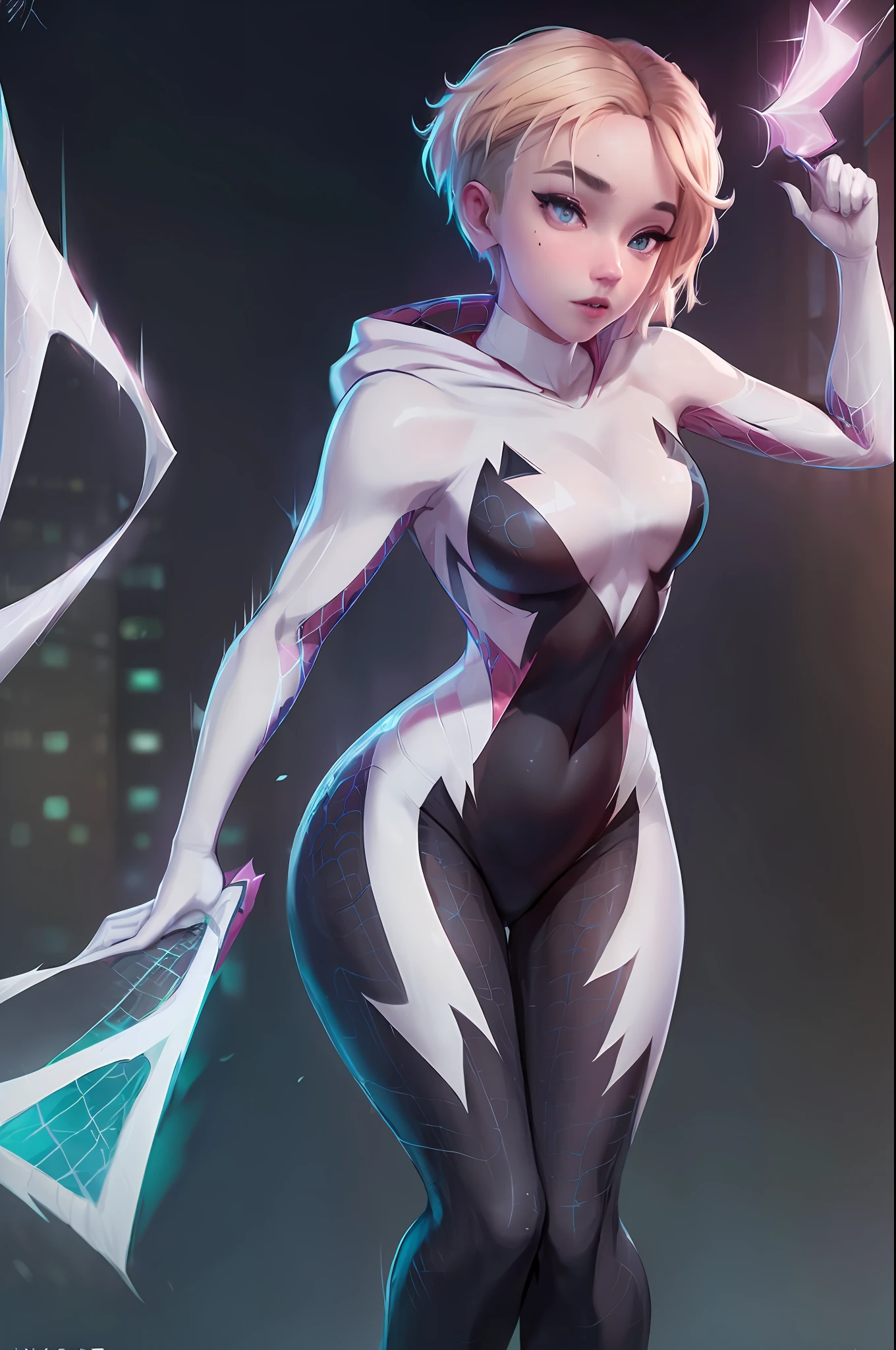 ((Ultra photorealistic raytracing)) (realistic lighting) Ghost Spider, Gwen in a black outfit with spider in the center of her chest in white, organic-looking outfit, gooey forehead, white eyes, stylish pose, masterpiece, PS5 cinematic screenshot, highly detailed cinematic rendering, with cinematic lighting