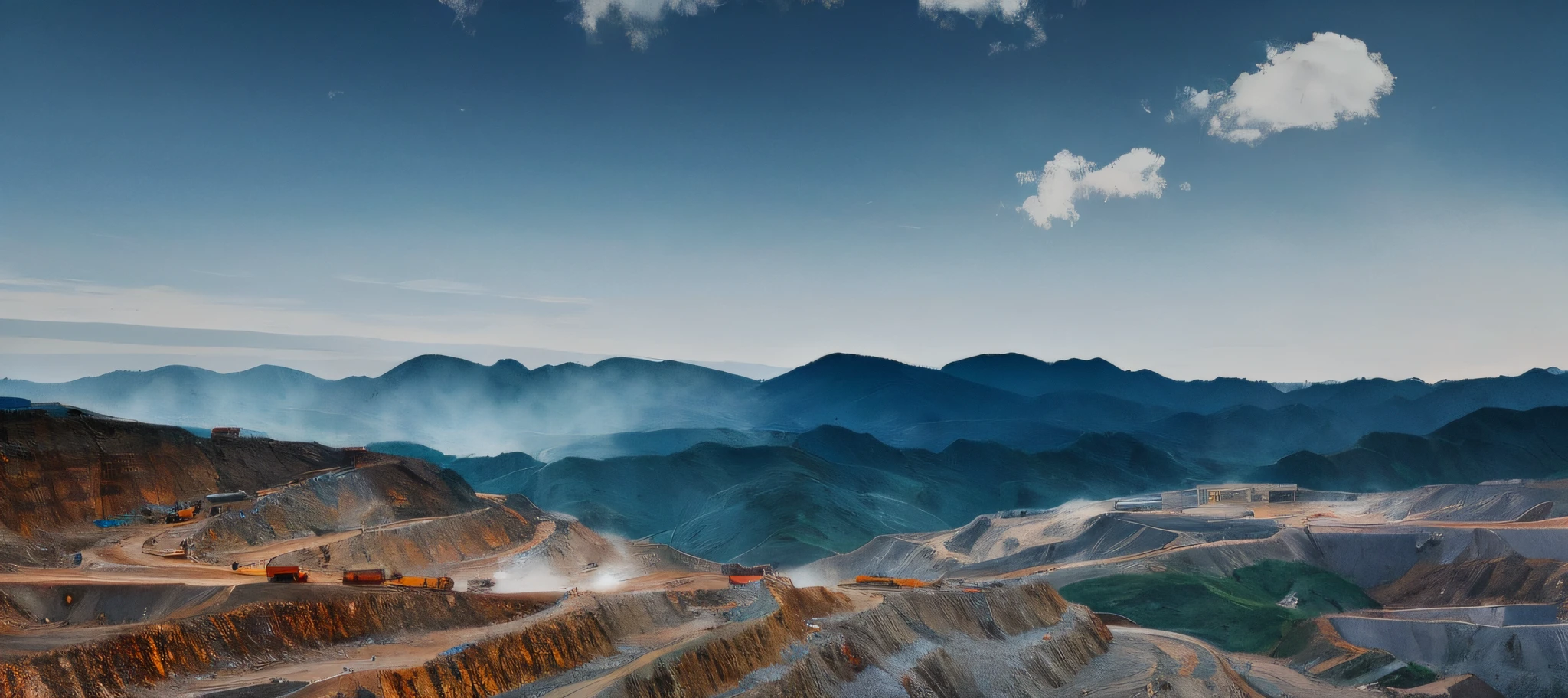 there is a large open pit with a lot of dirt on it, in dusty open pit mine, a beautiful mine, by Matthias Weischer, mines, mining, cinematic silk road lanscape, copper veins, mountain valley to factory, exploration, mountainside, moody mining planet, dramatic scenery, landscape wide shot, backdrop, intricate mine, geology