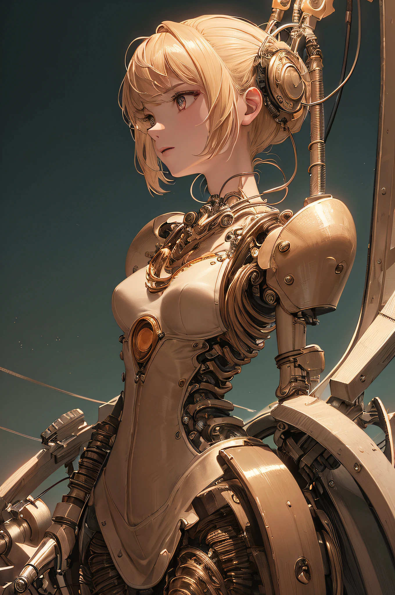 (((masterpiece))), (((highest quality))), ((ultra-definition)), (high-definition CG illustration), ((extremely delicate and beautiful)), cinematic light, ((1 machine girl) ) ), Solo, (Cowboy shot: 1.2), (Mechanical joint: 1.2), ((Mechanical limb)), (Vessels connected to tubes), (Mechanical vertebrae attached to the back), ((Mechanical cervical vertebrae attached to the neck)), listless expression, blonde hair, (wires and cables attached to the neck: 1.2), (wires and cables to the head: 1.2), (character focus), sci-fi , very detailed, colorful, most detailed, long, wind, background,