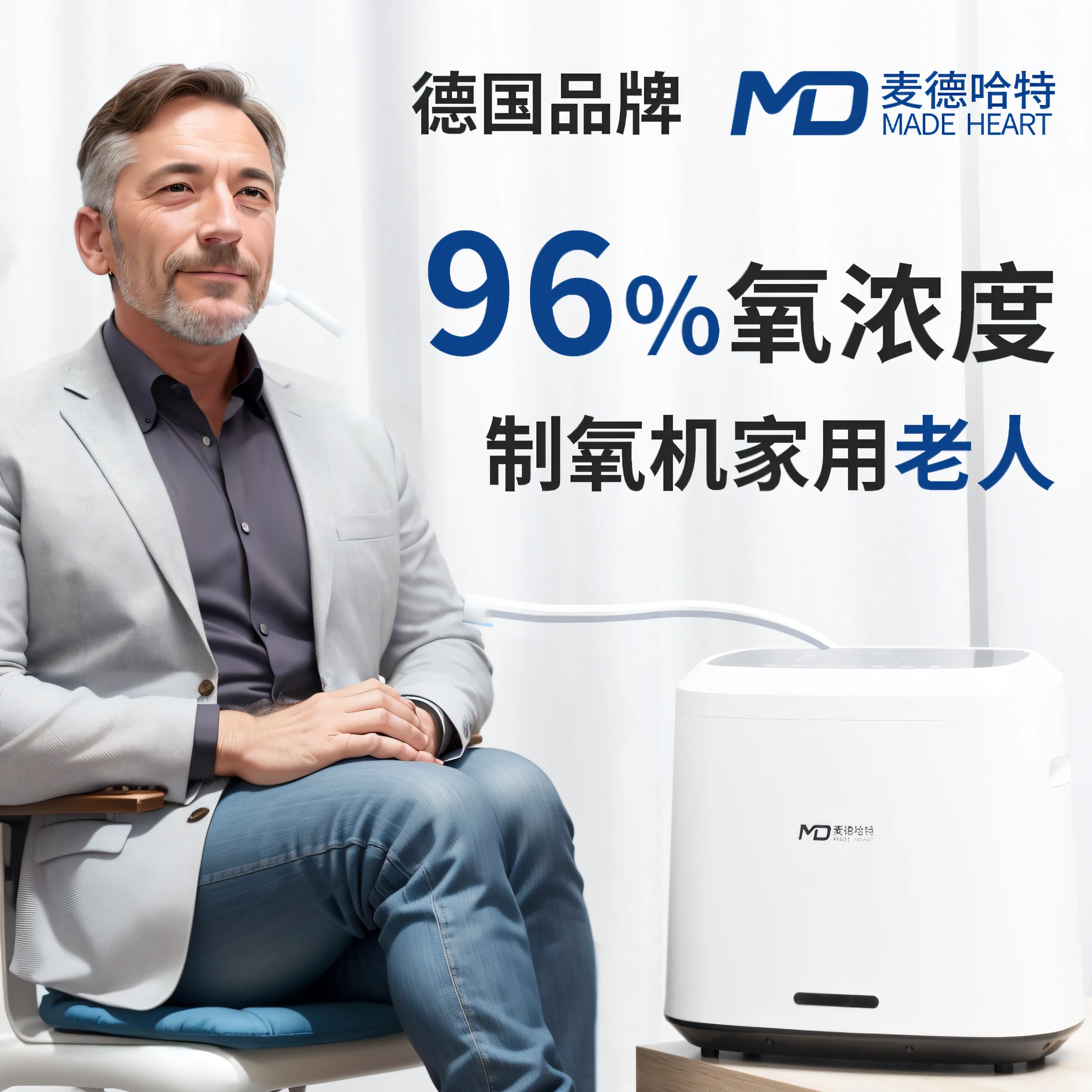 In the commercial picture, a handsome middle-aged man sits on a white chair and takes oxygen, the oxygen tube is white, his hands are on his knees, his legs are upturned, and his face is full of happiness.