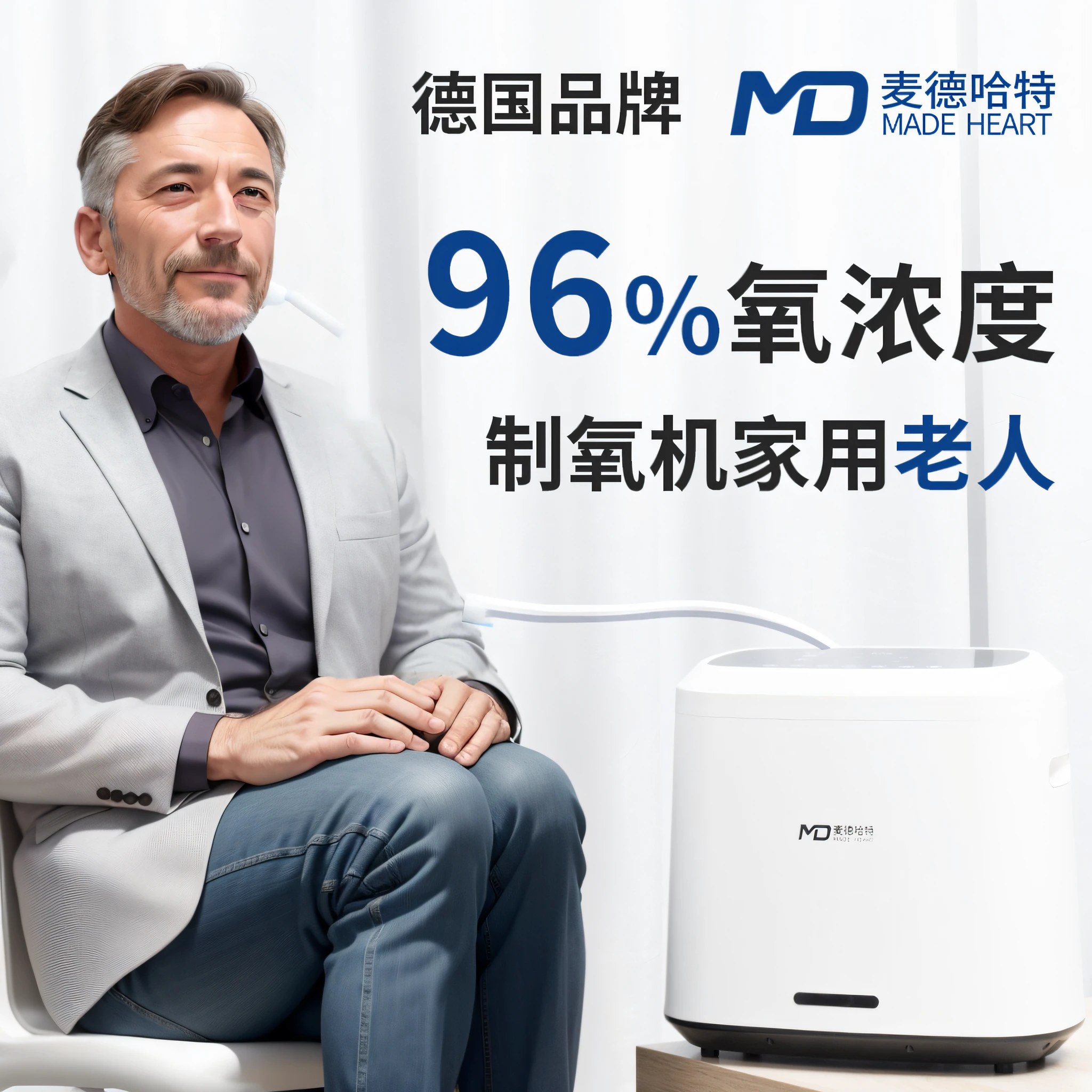 In the commercial picture, a handsome middle-aged man sits on a white chair and takes oxygen, the oxygen tube is white, his hands are on his knees, his legs are upturned, and his face is full of happiness.