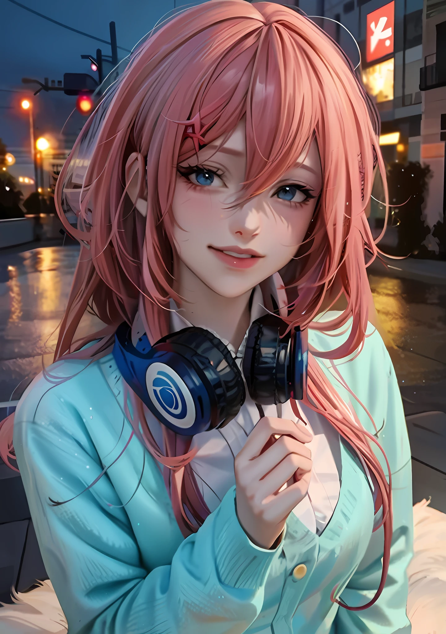 Arafeld girl wearing headphones in the rain, anime girl cosplay, anime cosplay, anime inspiration, anime atmosphere, anime style mixed with fujifilm, anime girl in real life, pink double tail hair and cyan eyes, anime style, beauty delfin, anime style, anime style, anime style, anime ears, cosplay, style anime, anime outer province, young anime girl, HD, 4k