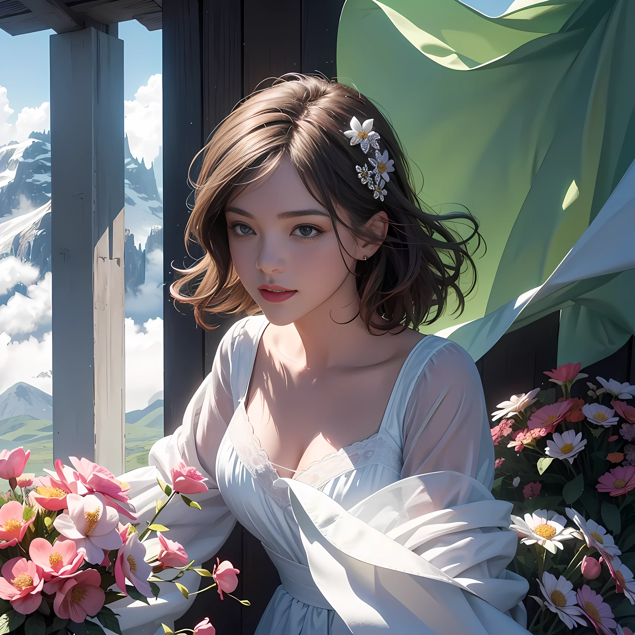 1 Girl, Dynamic Angle, Clouds and Mountains, (Flower Field: 1.4) in the foreground, White dress, Light tracing, (Floating Colorful Wind: 1) (Realistic: 1.4), Official Art, Unity 8k wallpaper, Ultra detailed, Beautiful and beautiful, Masterpiece, Best Quality, Glow Skin, Movie Lighting, Light Smile