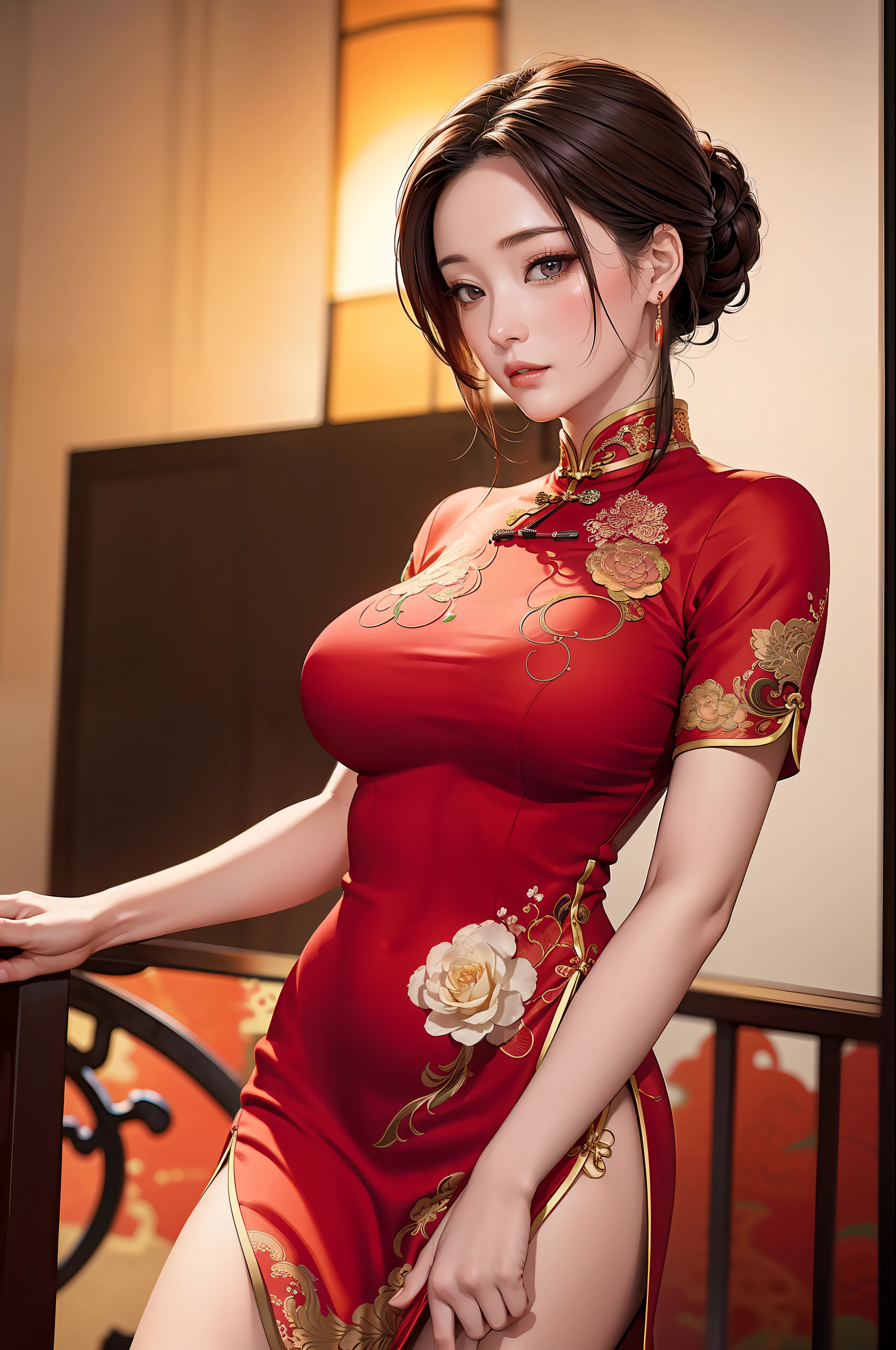 a  Chinese woman wearing a cheongsam,
(((masterpiece))), ((best quality)), ((intricate detailed)), ((Hyperrealistic)), absurd res, milf, mature woman, perspective, highly detailed, illustration, 1girl, ((large breasts)), perfect hands, detailed fingers, beautiful detailed eyes, updo hair, brown eyes, ( sexy chinese dress:1.2), earrings, detailed background, perfect eyes, seductive eyes, looking at the viewer, from front