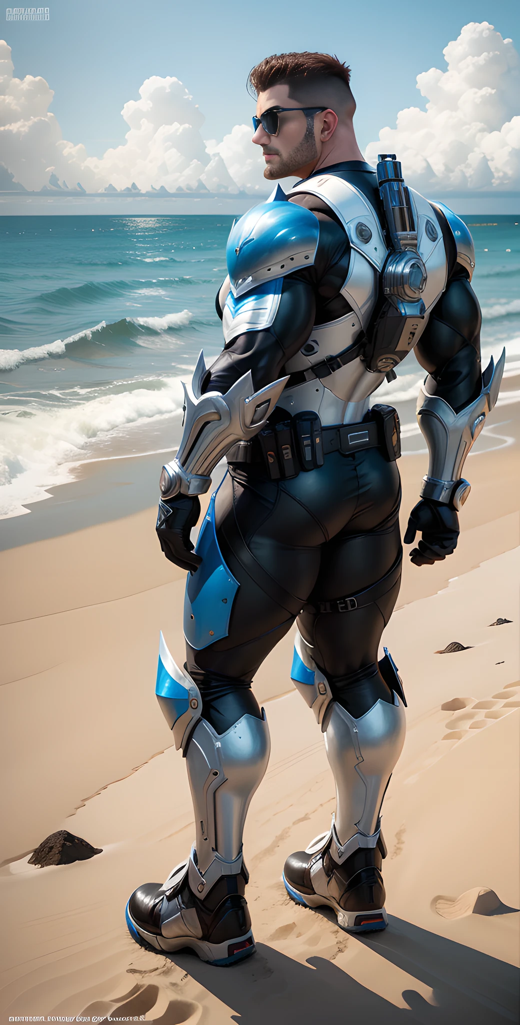 Arad man in white and blue clothes standing by the sunny sea, muscular male hero, conceptual art like Ernest Khalimov, heroic male pose, muscular! Wearing black sunglasses, round head Buzz Cut, cyberpunk, stealth suit, super buff and cool, high resolution committee, Chris Redfield, Jigachard muscle, Ernest Khalimov body, character design police, black military boots, charismatic strong male with armor
