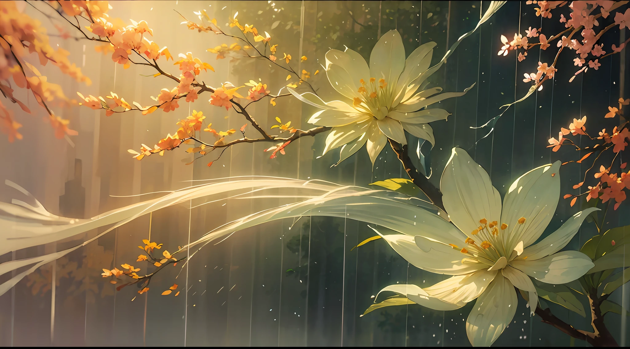 (Watercolor style, spectral art) + (wind and rain, swaying branches, falling flowers) (vista) rich and gorgeous colors + (flow + subtle reflection) + (blending + splashing) + (light and shadow + swaying dynamic)