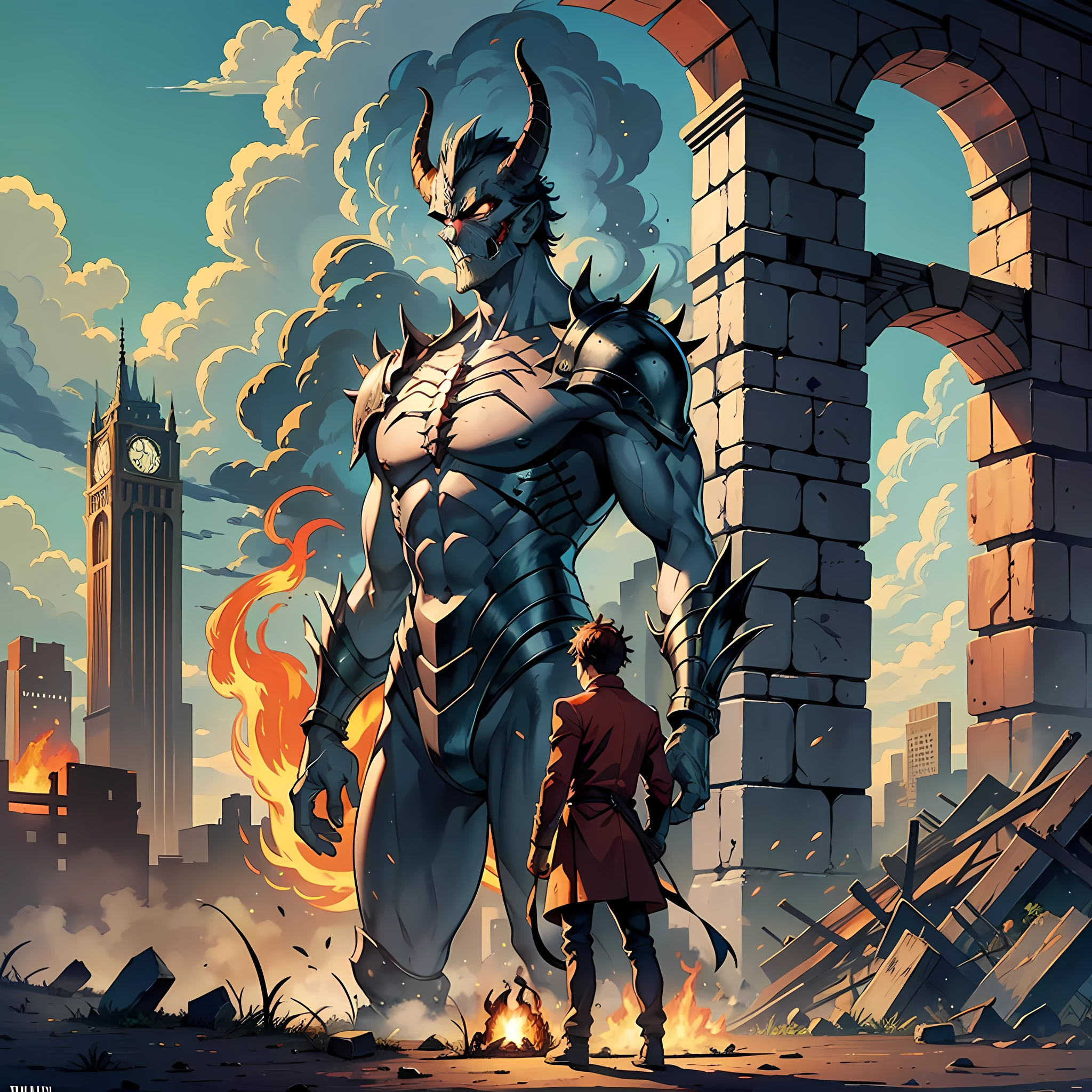 Ruins, firelight, ruins, a monster and a man stand opposite each other, confronting