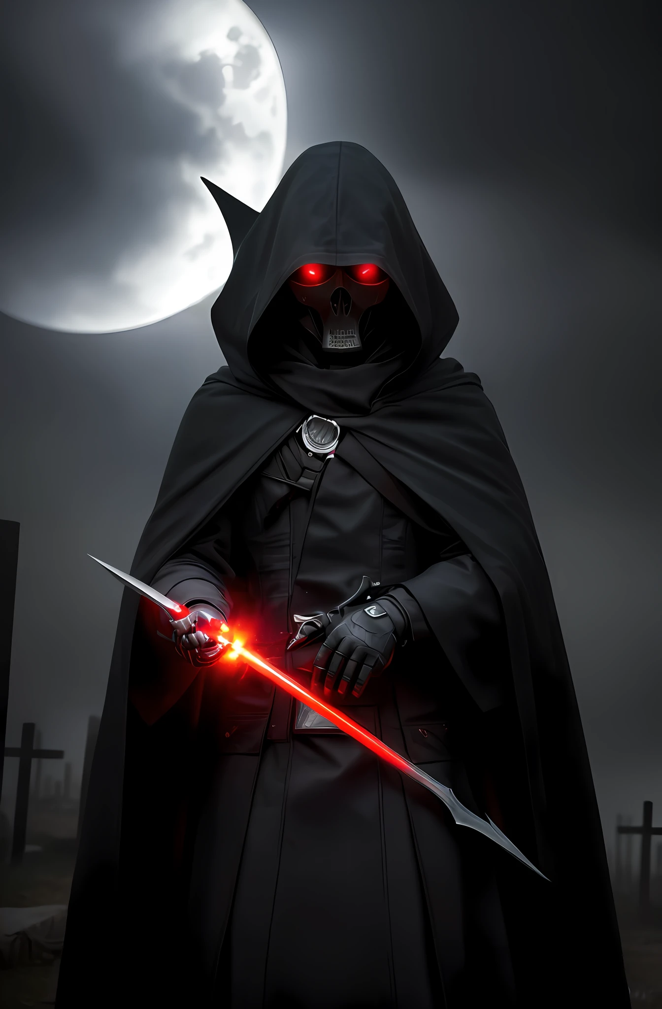 (16k, masterpiece, best quality), ultra-detailed, detailed beautiful round eyes, beautifully detailed face, high quality, high resolution, perfect anatomy, (good anatomy), (a reaper appeared from the fog), in the darkness of the night, darkness, reaper hood, red eyes, evil, an evil face, graveyard background, varied pose, looking into the distance, side view, reaper, holding ((schyte)), schyte weapon, dark aura, demon hand,