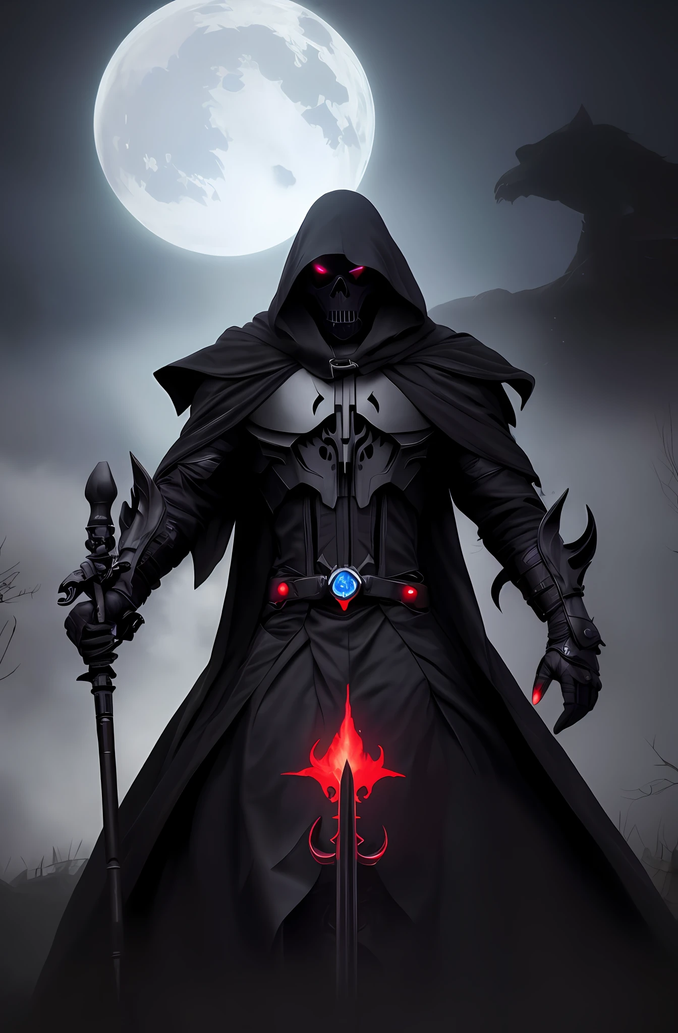 (16k, masterpiece, best quality), ultra-detailed, detailed beautiful round eyes, beautifully detailed face, high quality, high resolution, perfect anatomy, (good anatomy), (a reaper appeared from the fog), in the darkness of the night, darkness, reaper hood, red eyes, evil, an evil face, graveyard background, varied pose, looking into the distance, side view, reaper, holding ((schyte)), schyte weapon, dark aura, demon hand,