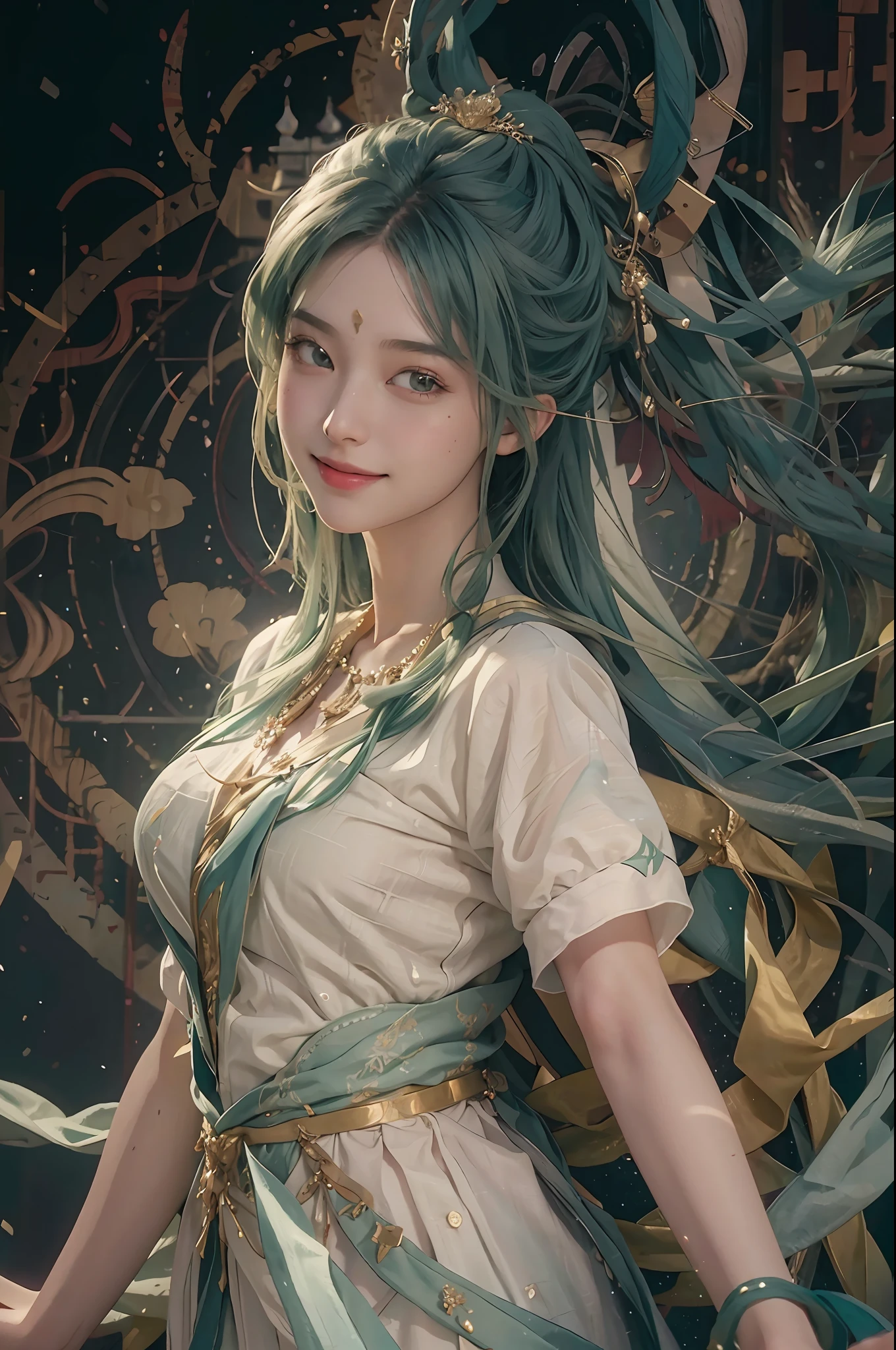 (RAW Photo, Best Quality), (Realistic, Photo Real: 1.3), Best Quality, Highly Detailed, Masterpiece, Hyper Detail, Illustration, 1 Girl, Smile, Green Hair, White Clothes, upper_body, Dynamic Angle, World Mastery Theater, Flying Long Hair, Best Quality, Extremely Detailed CG Unified 8k Wallpaper, Ink, Amazing, Cinematic Lighting, lens_flare, dunhuang_style
