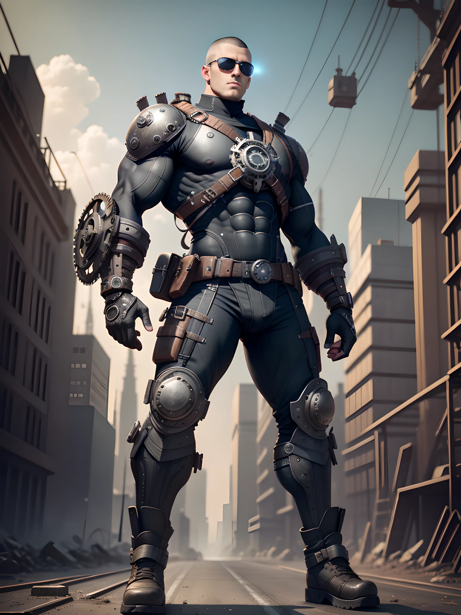 Male in the Heath, tall burly, dark black tights, big muscles, big bumps, Buzz cut, black sunglasses, black military boots, buzz cut, steampunk style, steampunk art, complex mechanical devices such as gears, pipes, valves, (huge industrial building: 1.4), gray theme, retro futurism, crazy details, (Fujiflim XT3), 20 megapixels, detailed, cinematic particles,