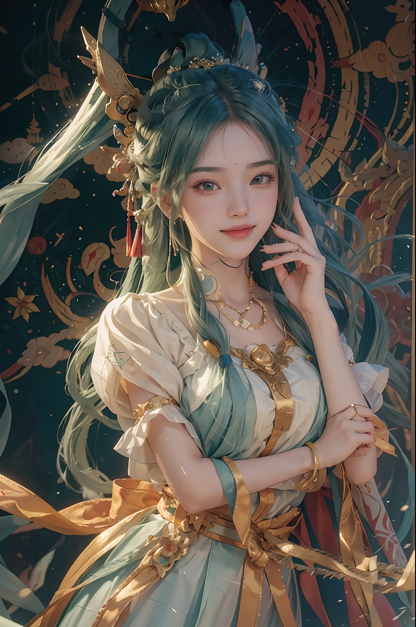 (RAW Photo, Best Quality), (Realistic, Photo Real: 1.3), Best Quality, Highly Detailed, Masterpiece, Hyper Detail, Illustration, 1 Girl, Smile, Green Hair, White Clothes, upper_body, Dynamic Angle, World Mastery Theater, Flying Long Hair, Best Quality, Extremely Detailed CG Unified 8k Wallpaper, Ink, Amazing, Cinematic Lighting, lens_flare, dunhuang_style