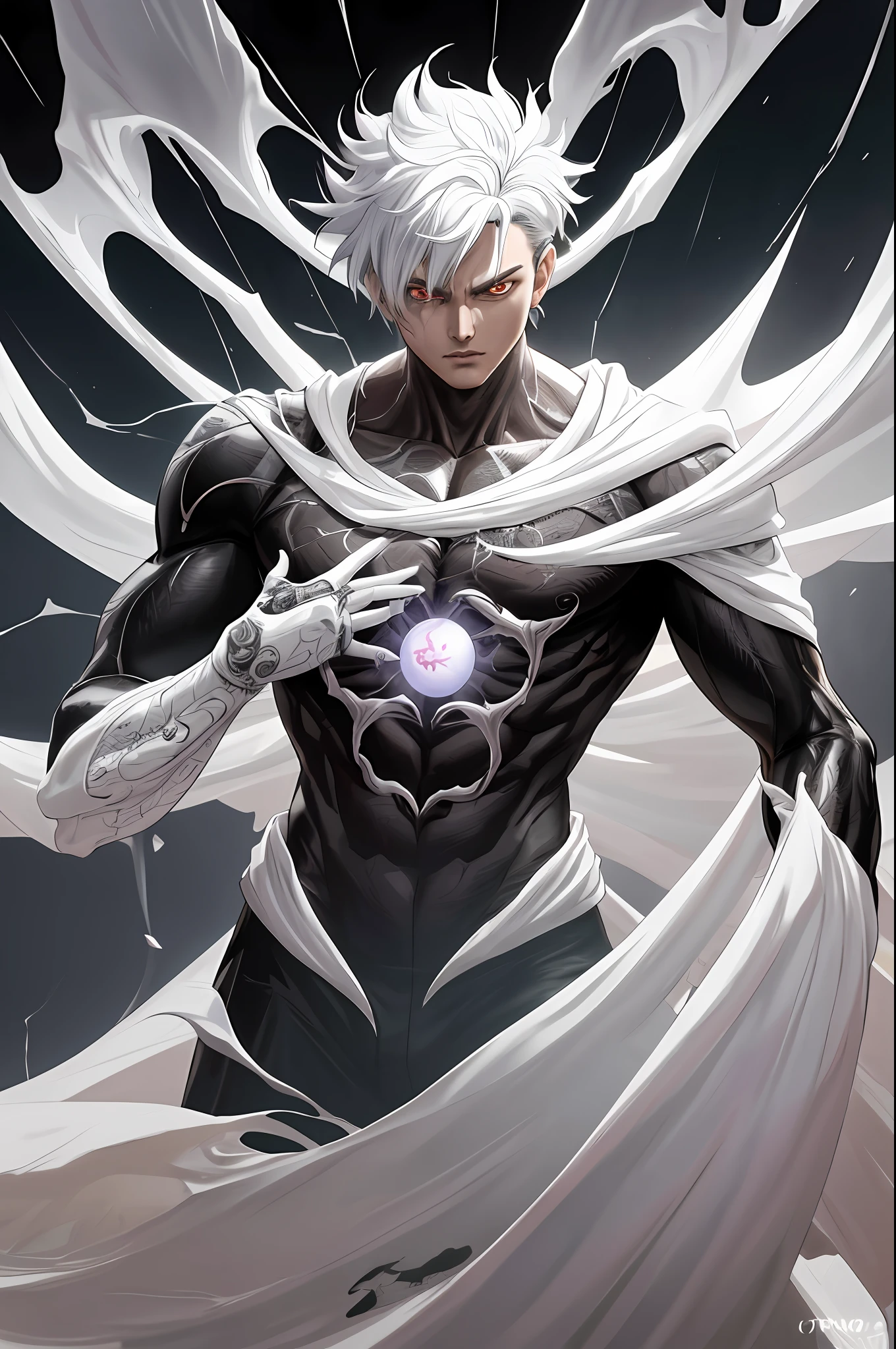 son_goku in a black suit with spider in the center of his chest in white, organic looking outfit, testura gooey symbiote covering everything, white eyes, fine art, PS5 cinematic screenshot,highly detailed detailed cinematic rendering, ultra photorealistic raytricing, with cinematic lighting