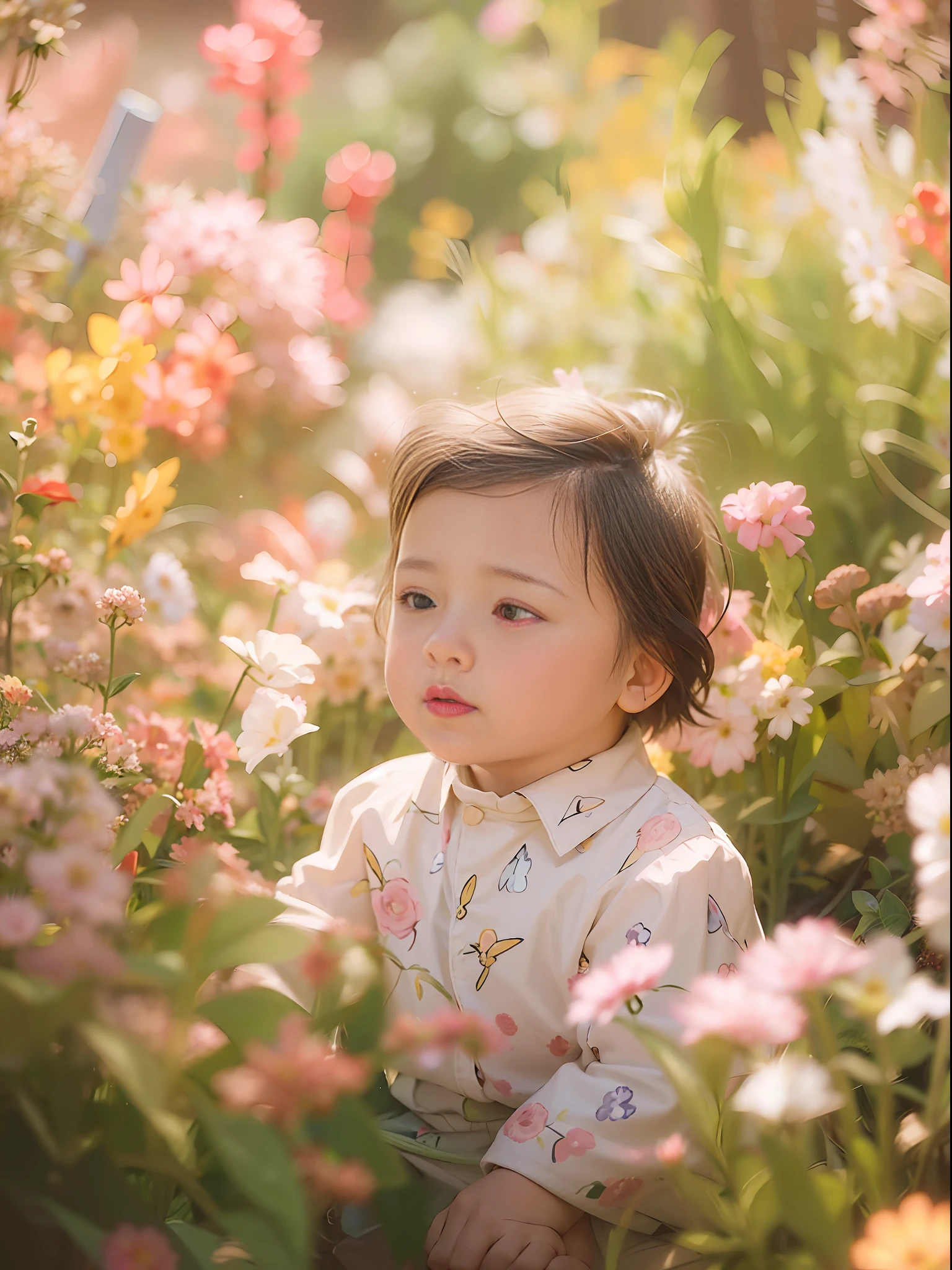 There is a  sitting in a flower field looking at the camera, in a flower field, sitting in a flower field, wearing a butterfly pattern blouse, inheriting flowers on her cheeks, standing in a flower field, girl in a flower field, standing in a flower field, standing in a flower field, girl sitting in a flower field, portrait of a girl in a flower field