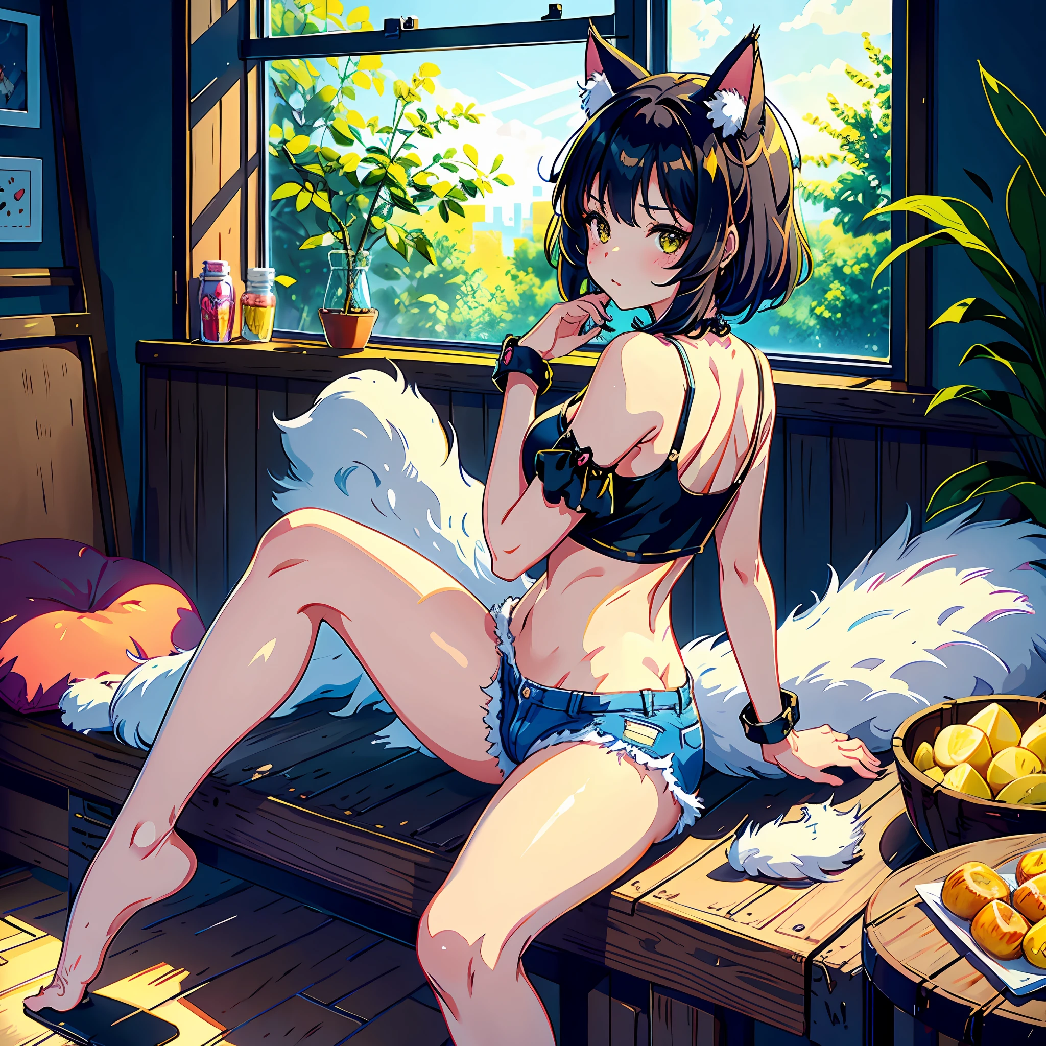 1gi (one girl), nekomimi (cat ears), fluffy tail, cute face. The theme of the illustration is playful and a bit mischievous. The catgirl is wearing a revealing but tasteful outfit, consisting of a tight crop top and shorts that emphasize her curves. She is sitting on a windowsill, one leg dangling out, while she looks back over her shoulder with a teasing expression