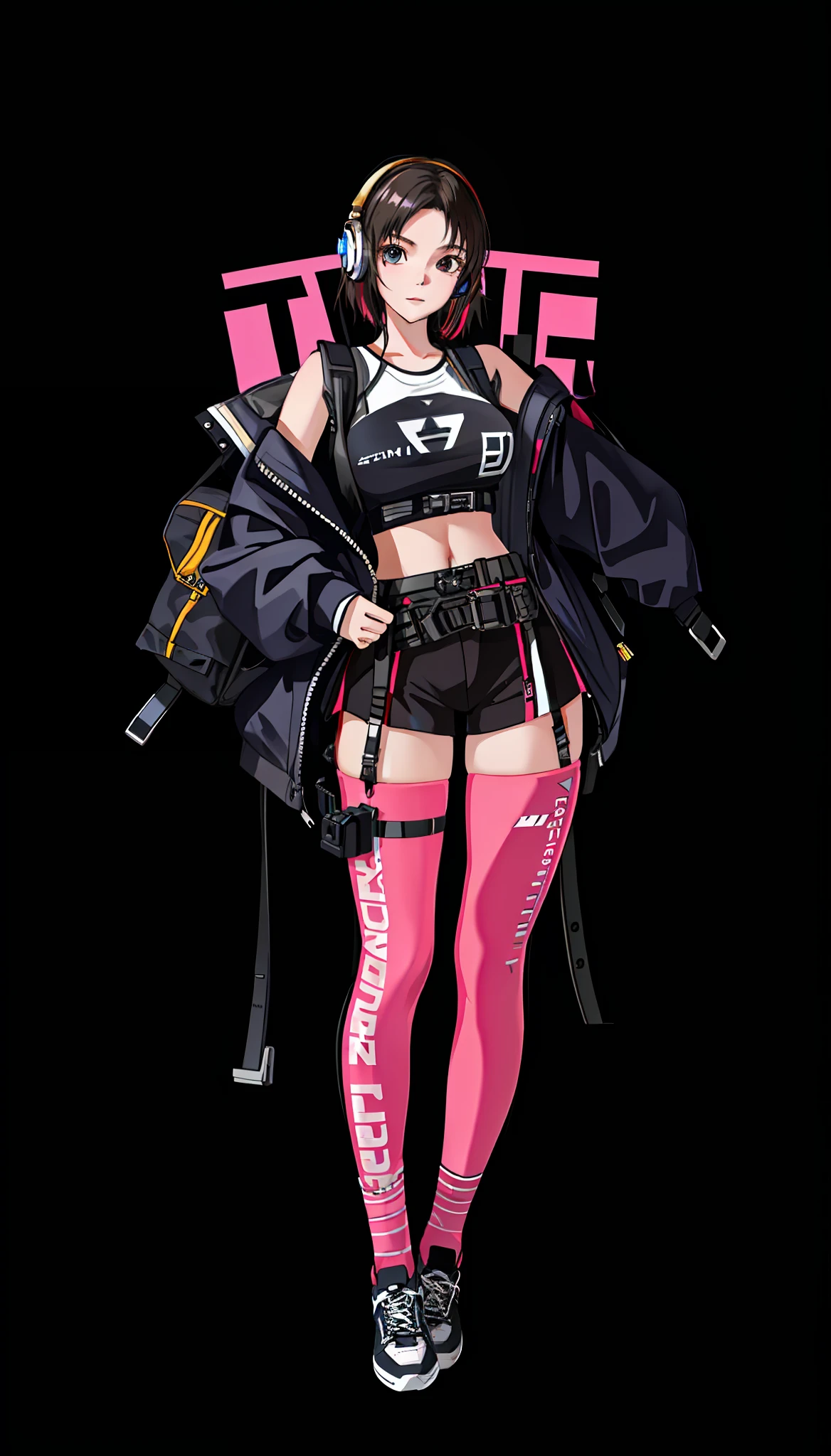 girl, vertical painting, natural light, global light, front view, fashion, pattern, clothing, headset, zipper, buttons, pattern, logo, pleats, belt, sophisticated, generate more details, tan hair, tank top, t-shirt, black shorts, sneakers, black backpack, modern, anime style, anime, modern, futuristic, first-person perspective, panorama, concept art, uhd, masterpiece, ccurate, textured skin, super detail, high detail, high quality, best quality, high resolution, No background, white background