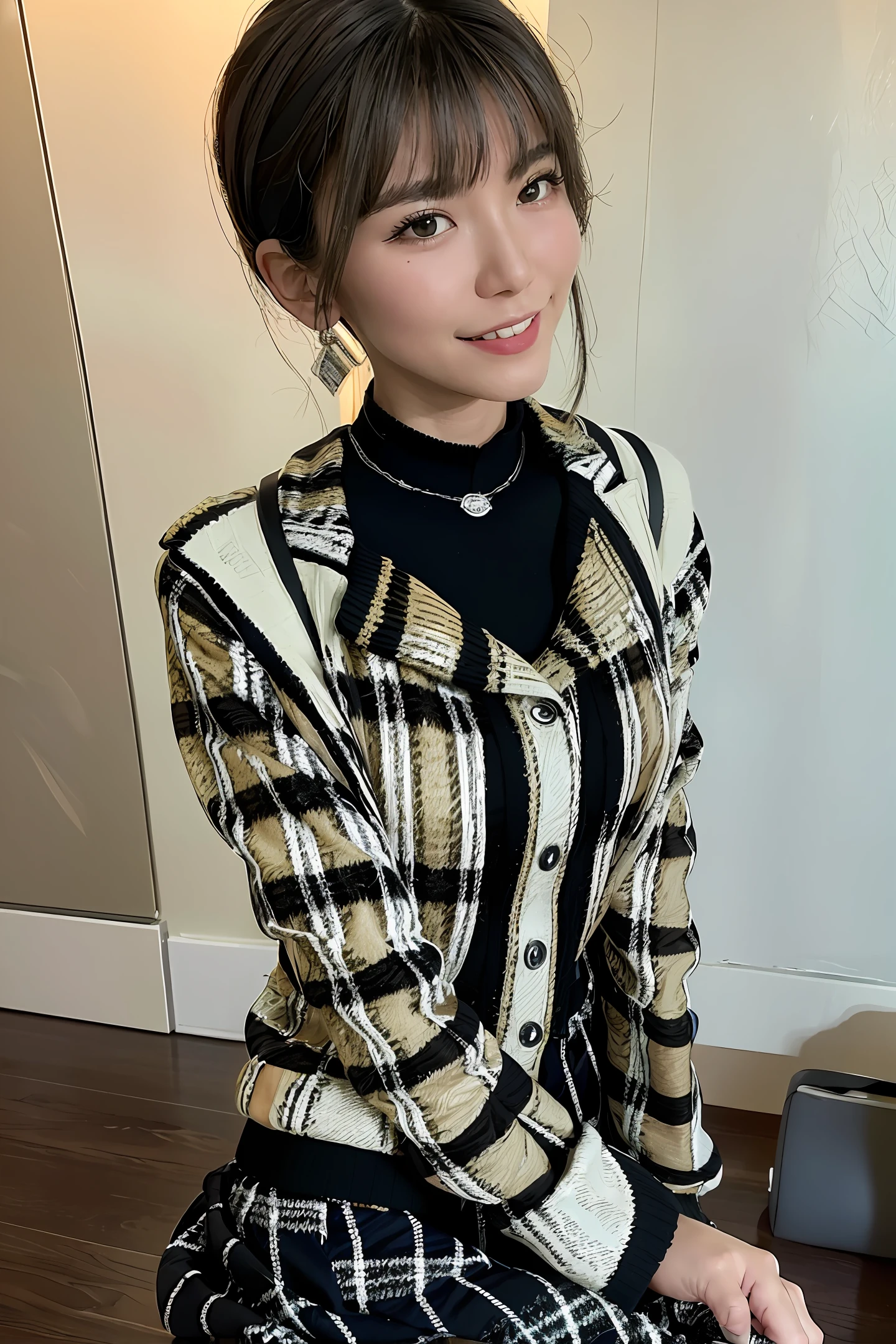 (a beautiful 25 age years old sexy korean woman:1.1),(Pretty Kpop girl,korean mixed), beautiful_legs, Glow Eyes,blush, glossy lips, perfect body, (black sweater :1.4), (open checkered coat :1.3),(checkered skirt :1.3), (pantyhose, ankle boots :1.1), (messy, bob cut, hair:1.1), street, sunlight, standing, lens flare, earrings,necklace, model, looking at viewer, (happy smile:1.1), makeup, from front, dynamic pose, mole under eye, messenger bag, insanely detailed, highest quality, skin texture, ultra detailed skin, messy hair, highres, intricate details, gloomy, RAW photo, 8k uhd, dslr, hdr, film grain, Fujifilm XT3, (very dark night), rim lighting, two tone lighting, low key