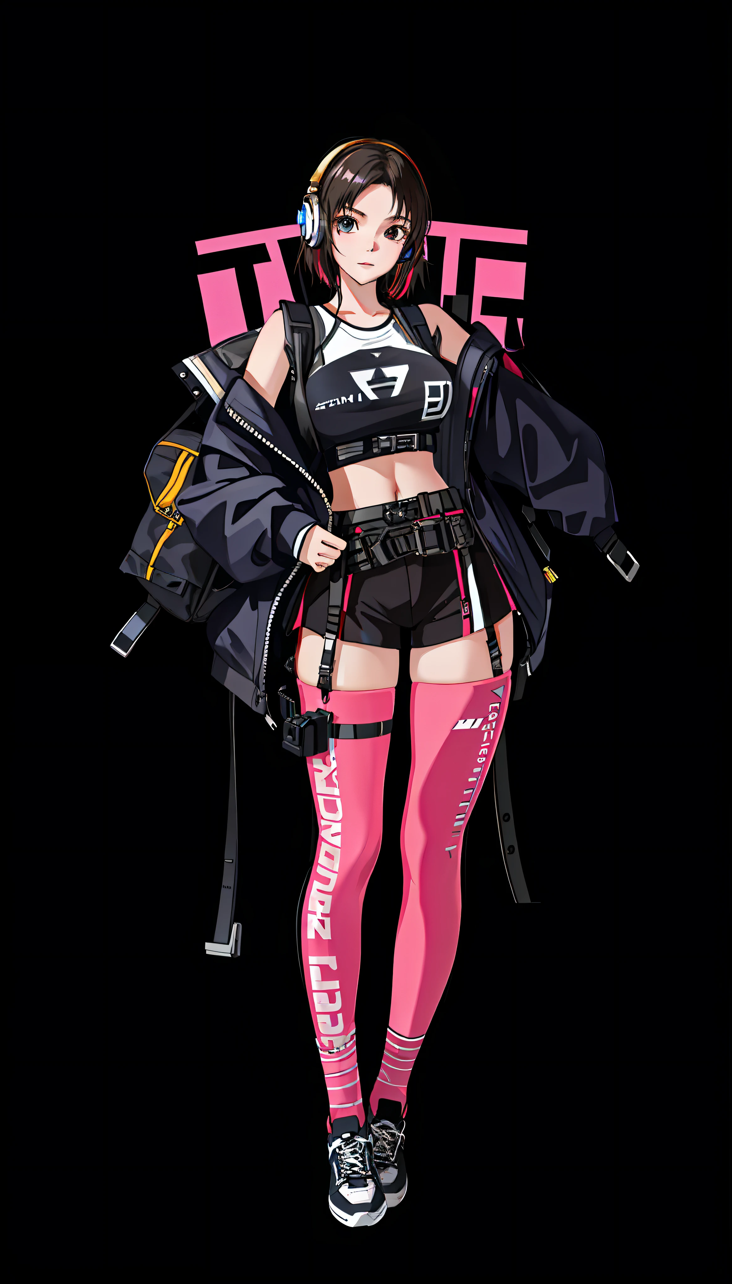 girl, vertical painting, natural light, global light, front view, fashion, pattern, clothing, headset, zipper, buttons, pattern, logo, pleats, belt, sophisticated, generate more details, tan hair, tank top, t-shirt, black shorts, sneakers, black backpack, modern, anime style, anime, modern, futuristic, first-person perspective, panorama, concept art, uhd, masterpiece, ccurate, textured skin, super detail, high detail, high quality, best quality, high resolution, No background, white background