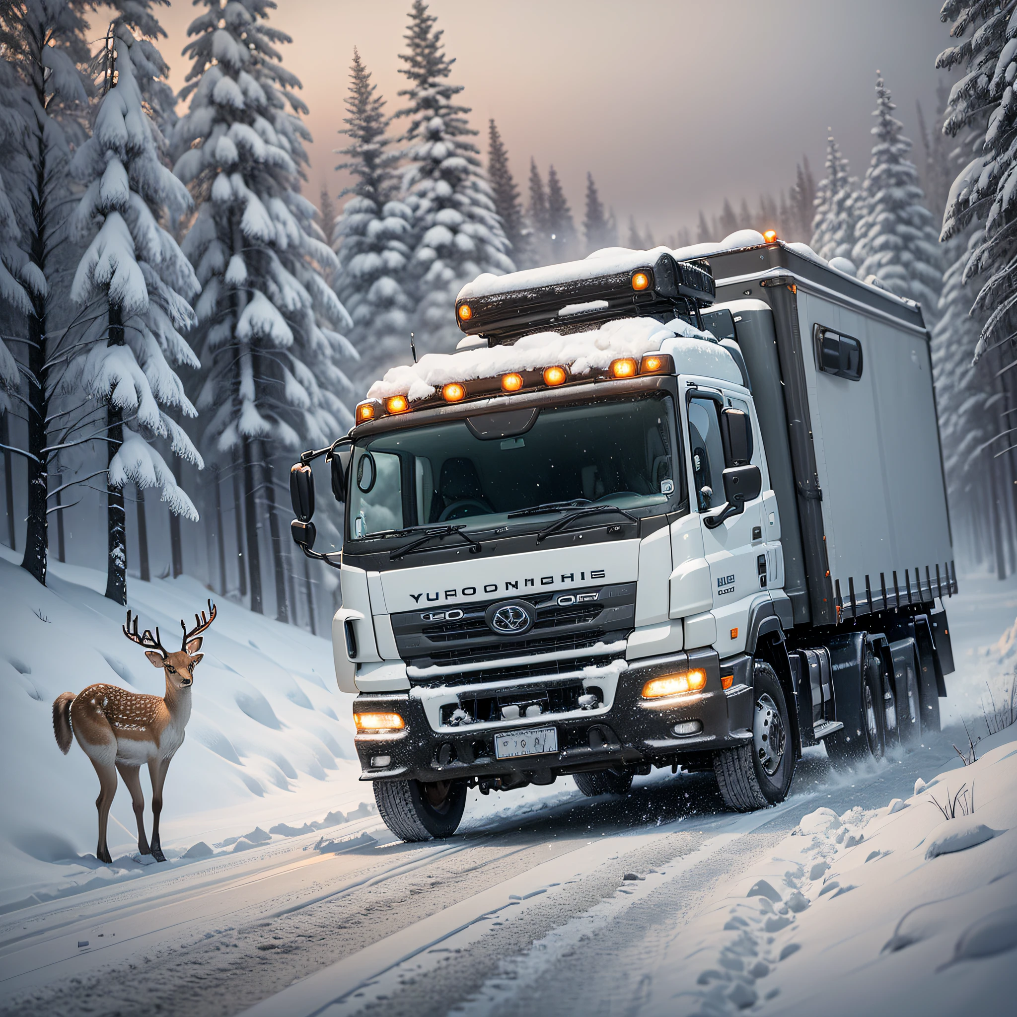 prompt = "In the background of the poster, a snow-white winter scene is presented, including the white snowflakes covering the ground and the silhouette of the forest. The vehicle is coming from a distance, demonstrating the excellent performance of Yutong light truck T series in adverse weather conditions. In front of the vehicle, a cute deer appears in the middle of the road, it just stops and looks curiously at the oncoming vehicle. When the vehicle approaches the deer, the driver immediately notices it and quickly applies emergency braking. At this time, in the picture of the poster, you can see a short brake mark between the tires of the vehicle and the snow, showing the excellent braking performance of Yutong light truck T series. At the same time, the fawn jumped away unharmed, unharmed. Through vivid snow scenes and cute deer, as well as the scene of emergency braking of vehicles, the whole picture vividly shows the excellent braking system and animal protection awareness of Yutong light truck T series. This idea highlights the safety and responsibility of the product, while conveying to the audience the reliability and excellent performance of Yutong light truck T series in various situations. " --auto --s2