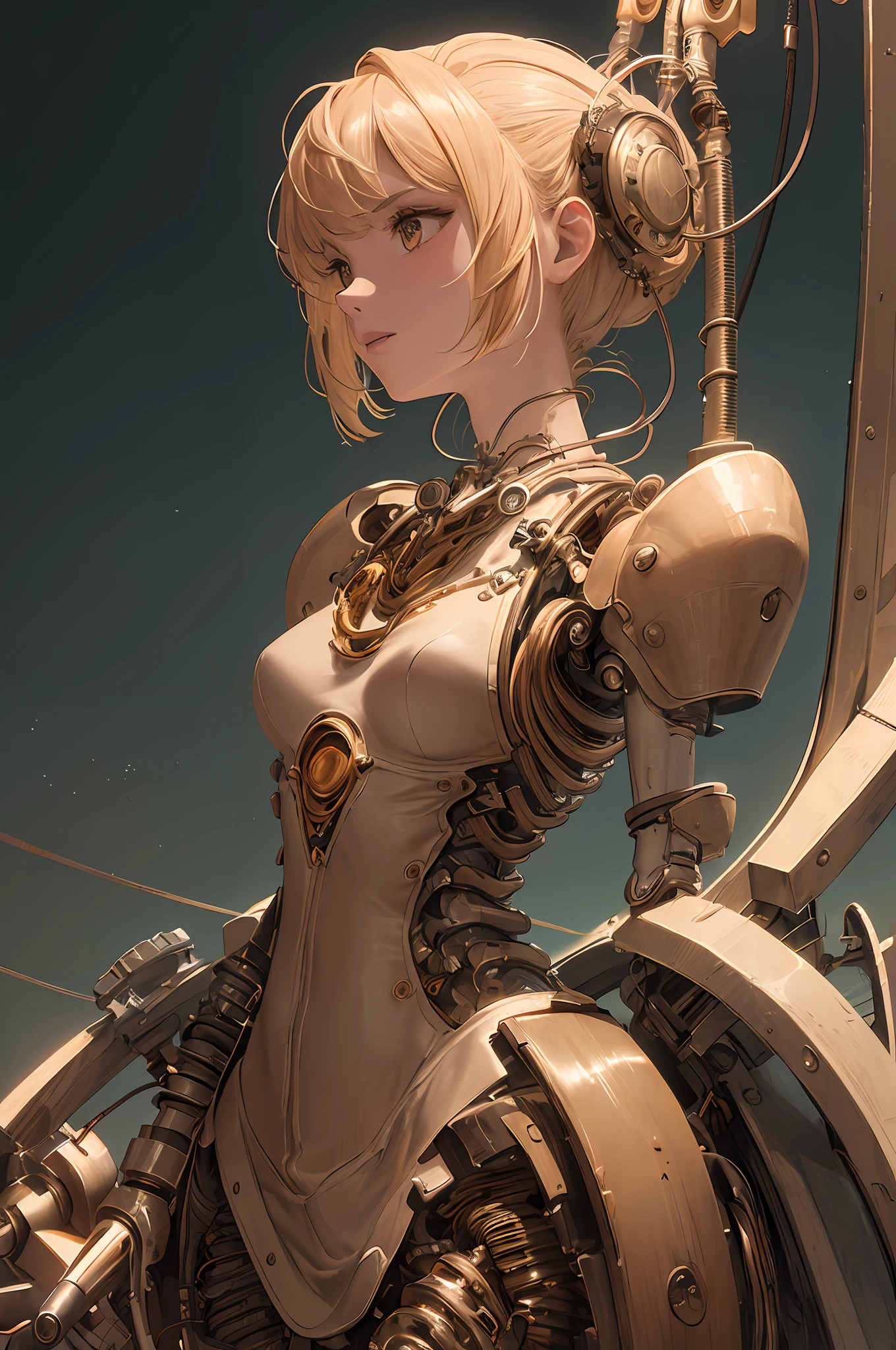 (((masterpiece))), (((highest quality))), ((ultra-definition)), (high-definition CG illustration), ((extremely delicate and beautiful)), cinematic light, ((1 machine girl) ) ), back view, solo, (cowboy shot: 1.2), (mechanical joint: 1.2), ((mechanical limb)), (blood vessel connected to tube), (mechanical vertebra attached to back ), ((mechanical cervical spine attached to neck) ), listless expression, blonde hair, (wires and cables attached to neck: 1.2), (head wires and cables: 1.2), (character focus) , sci-fi, highly detailed, colorful, most detailed, long, wind, background,