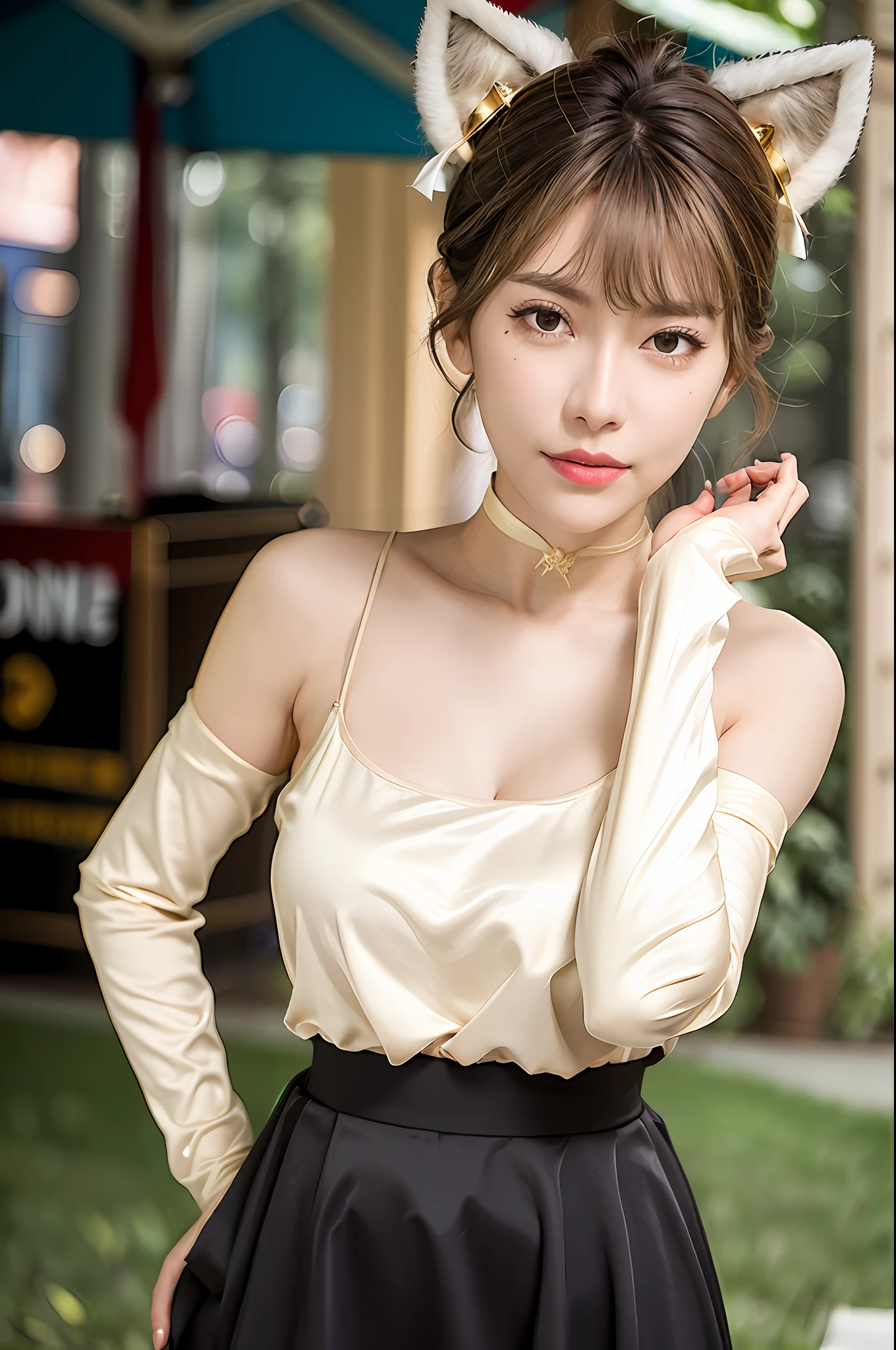 Very detailed CG unity 8k wallpaper, (masterpiece), (best quality), (super detailed), (ultra-realistic), (best character detail: 1.36), Nikon d750 f/1.4 55mm, dynamic angle, professional lighting, photon mapping, radiosity, physically based rendering, outdoor, busy street, looking at the audience, blushing, 1girl, mature woman, mature woman, tall body, golden ratio, (Kpop idol), (oil skin: 1.2), (oil skin :1.1), makeup,[:(high detailed face:1.2):0.2]:,PureErosFace_v1, ((curly gray hair and delicate style)), (aegyo sal:1), (puffy eyes), (eyelashes: 1.1), (lips: 1.1), red lipstick, broad shoulders, (mid-chest: 1.1), (cleavage: 1.1), animal ears, (big ass: 1.2), thighs, white gauze skirt, Gauze skirt, gauze skirt