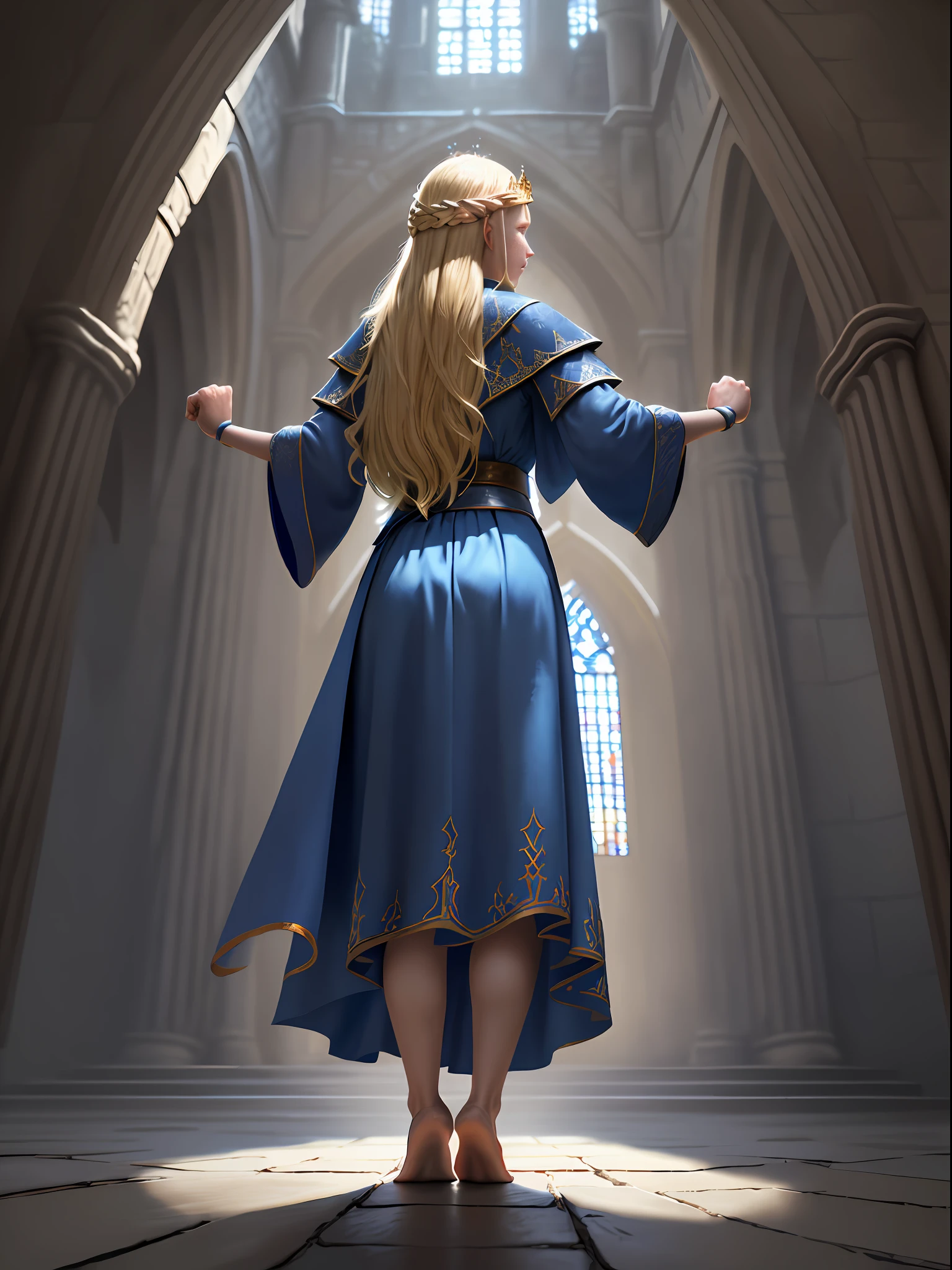 masterpiece, highly detailed, ultra-realistic, detailed background, bright lighting, daylight, medieval style, one girl, solo,
(blue worship robe), (retreating figure), (battle pose),
(magic square), (from behind: 1.5), (blond hair), (full body), (normal fist bump),