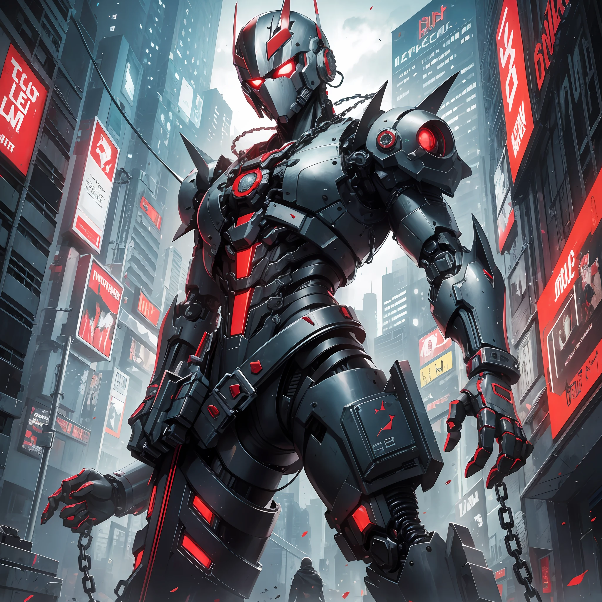 Dark Fantasy, Cyberpunk, Mechanical Marvel, Chain Saw, Chain Saw Man, Red:1.1, Cybernetic Guardian, Robotic Presence, 1 Person --auto --s2