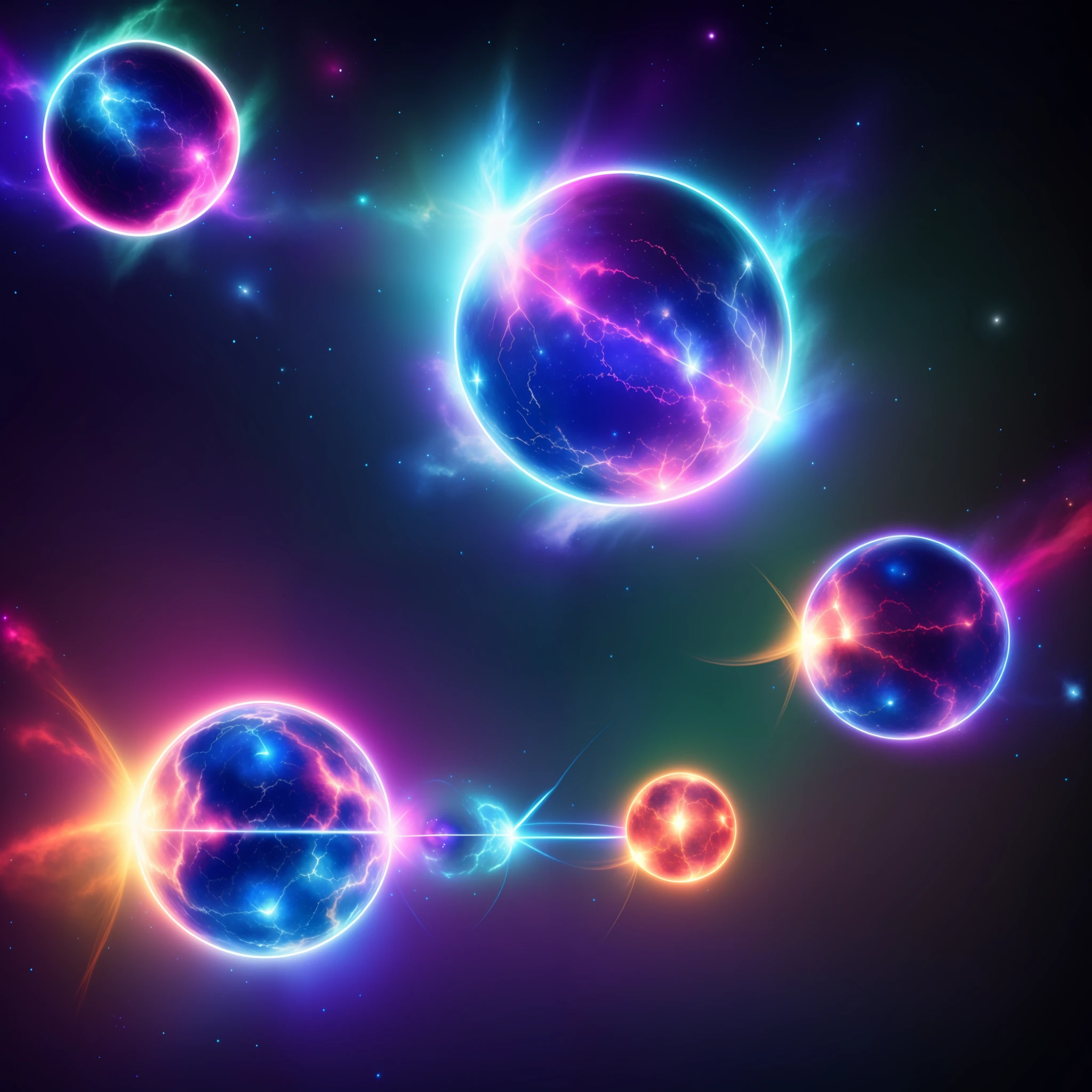 two glowing balls of astral energy, left and right, connected by electric arcs, particle space background, nebula