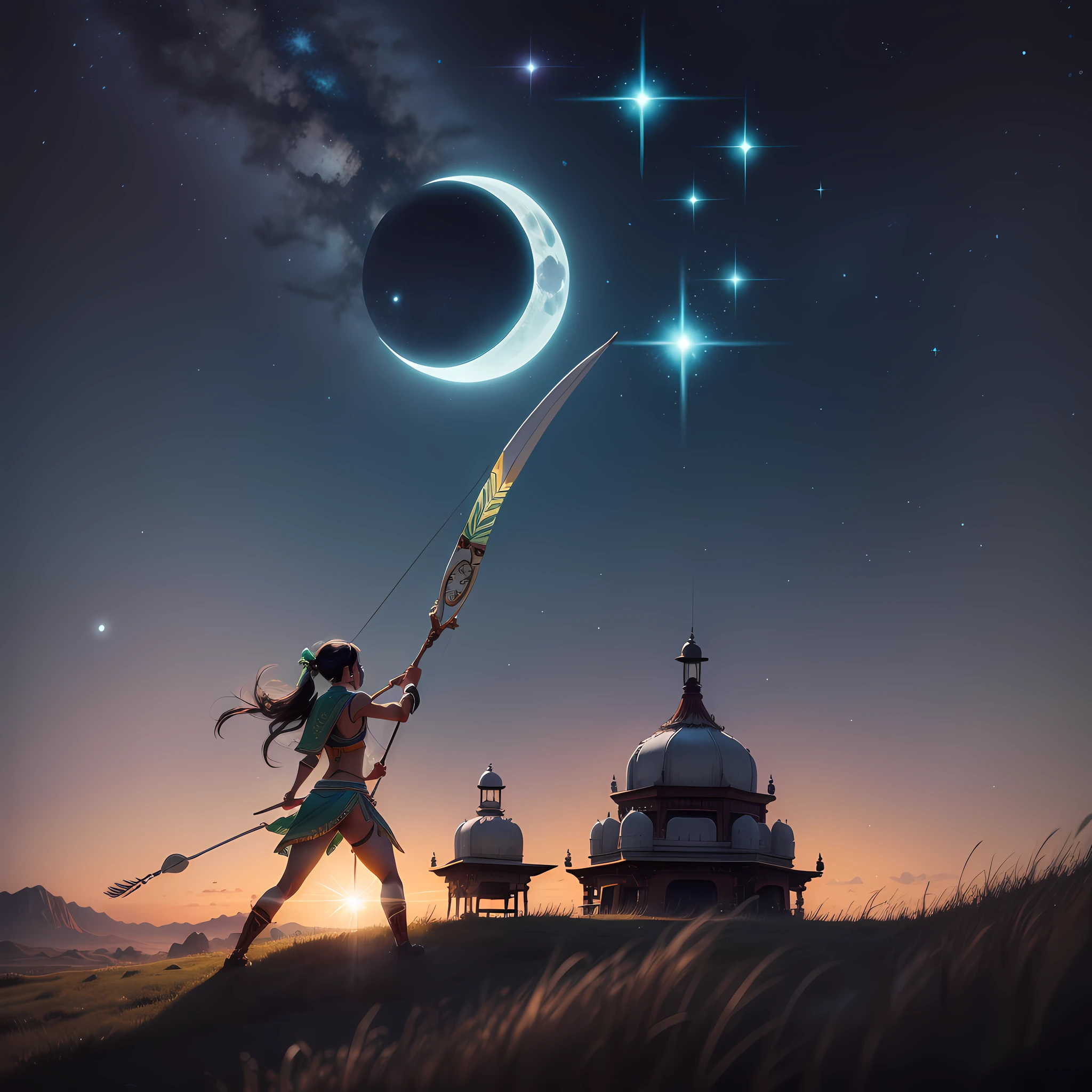 Indian, waning moon, bow and arrow towards the sun, 1000 bright stars, neon green stars
