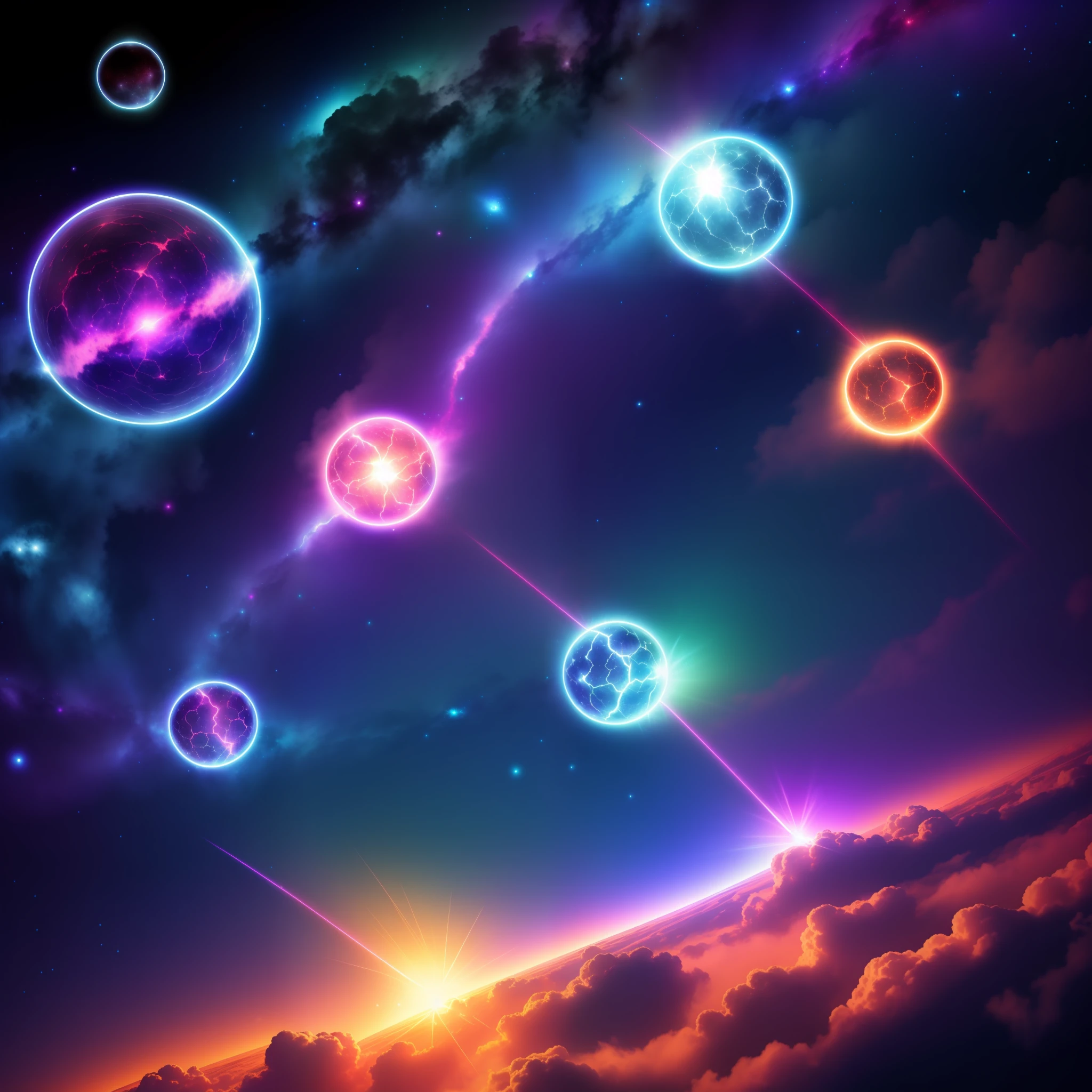 two glowing balls of astral energy, left and right, connected by electric arcs, particle space background, nebula, amazing wallpaper, above the clouds