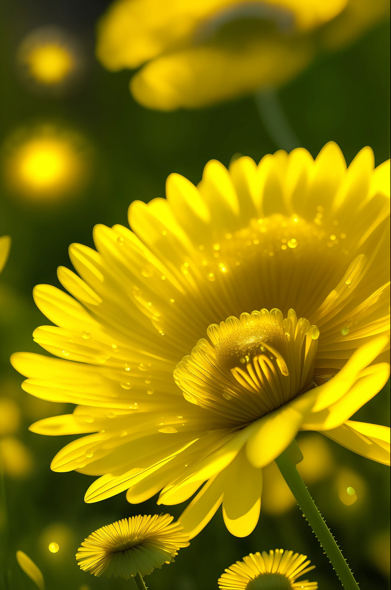 bright yellow dandelions with dew drops, bright leaves and stems, golden ice, glow, high-detail, full detail, high resolution, glow, rendering, photorealism, 55mm, volumetric lighting, ray tracing, reflections --auto --s2