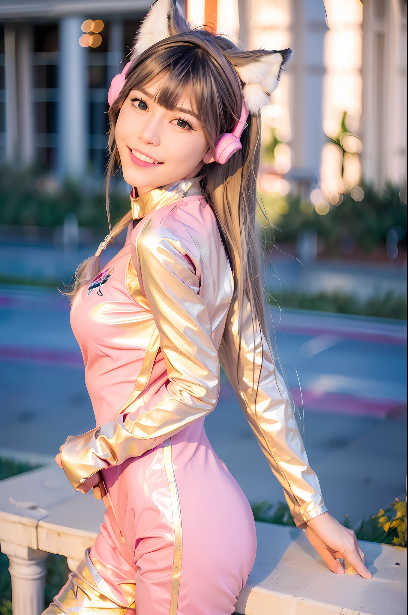best quality, ultra high res, (photorealistic:1.4),masterpiece,1girl, Kpop idol,(aegyo sal:1.0),puffy eyes,(City of ruins),alice \(nikke\),(pink bodysuit:1.4),((animal ear headphones)),(shiny clothes),twintails, (latex bodysuit), (rubber suit),shoes,(cleavage),(slender),((white hair)),(silver hair),(gray hair),((red pupil)),(hold gun), (smile),Happy,(long hair),nsfw,depth of field,detail face, shiny skin, nice detailed eyes, heavy eye makeup, slim waist, blush, detailed eye makeup, perfect anatomy, view from below