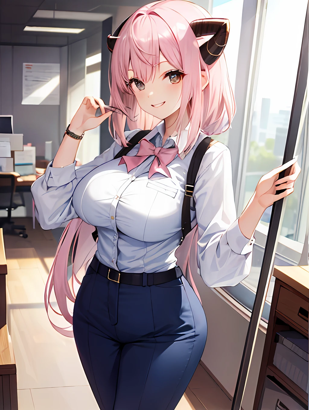 ((Masterpiece, Best Quality)), (1 person), (()), Pale Pink Hair, Hello, Horn, (OL)), Bangs, Medium, (Breast Augmentation), Slim, Smile, [Wide Hips], Office, Standing, There \ (Blue Archive)