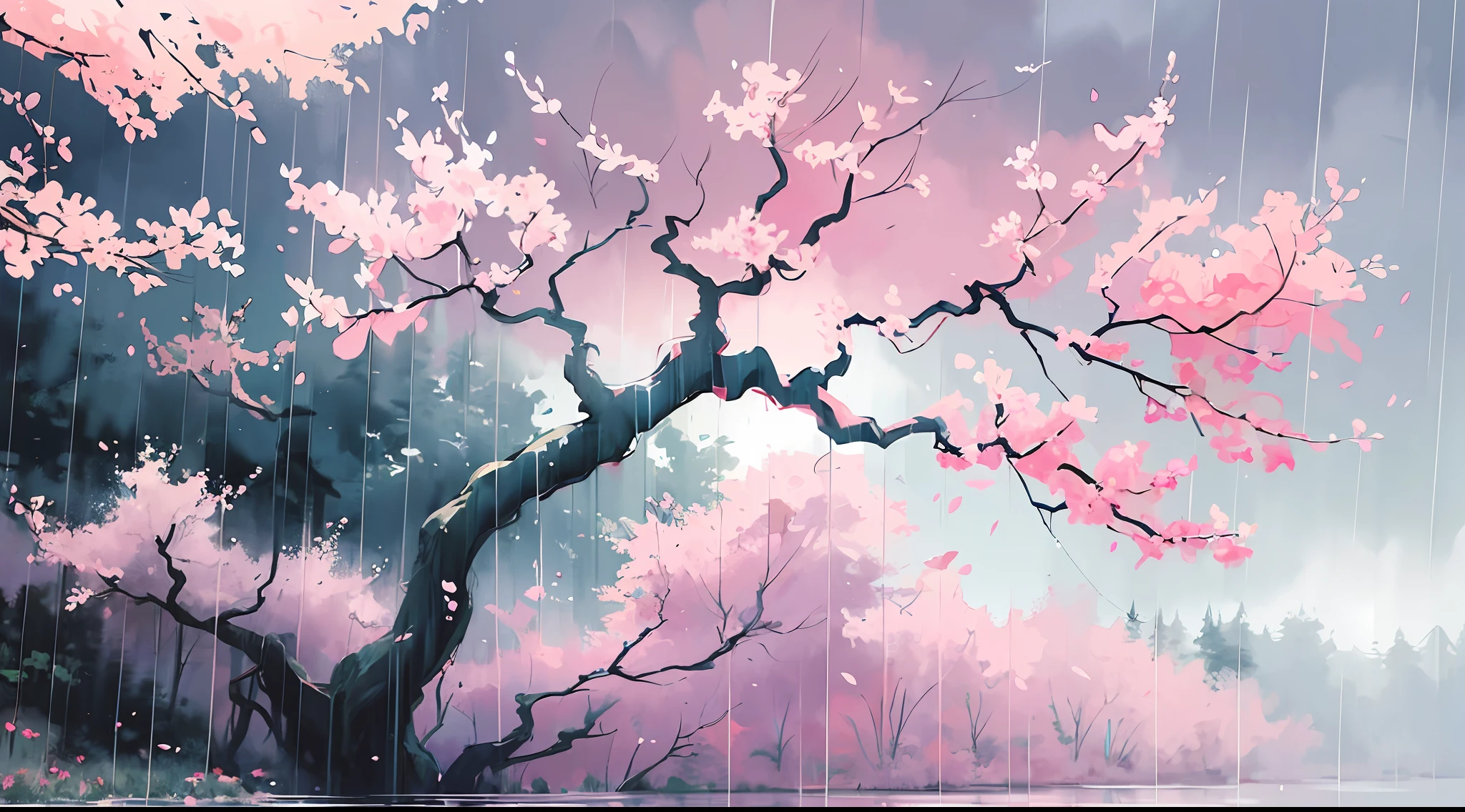 (Watercolor style, spectral art) + (wind and rain, swaying branches, falling flowers) (vista) rich and gorgeous colors + (flow + subtle reflection) + (blending + splashing) + (light and shadow + swaying dynamic)