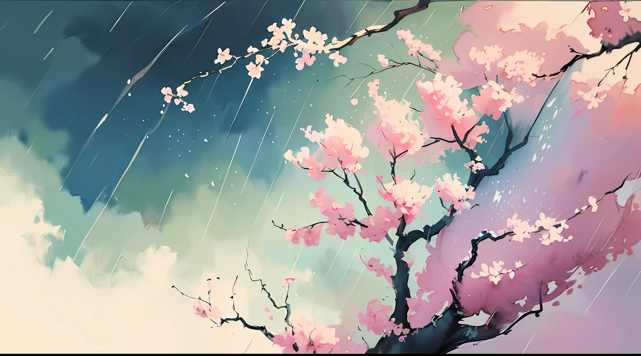 (Watercolor style, spectral art) + (wind and rain, swaying branches, falling flowers) (vista) rich and gorgeous colors + (flow + subtle reflection) + (blending + splashing) + (light and shadow + swaying dynamic)