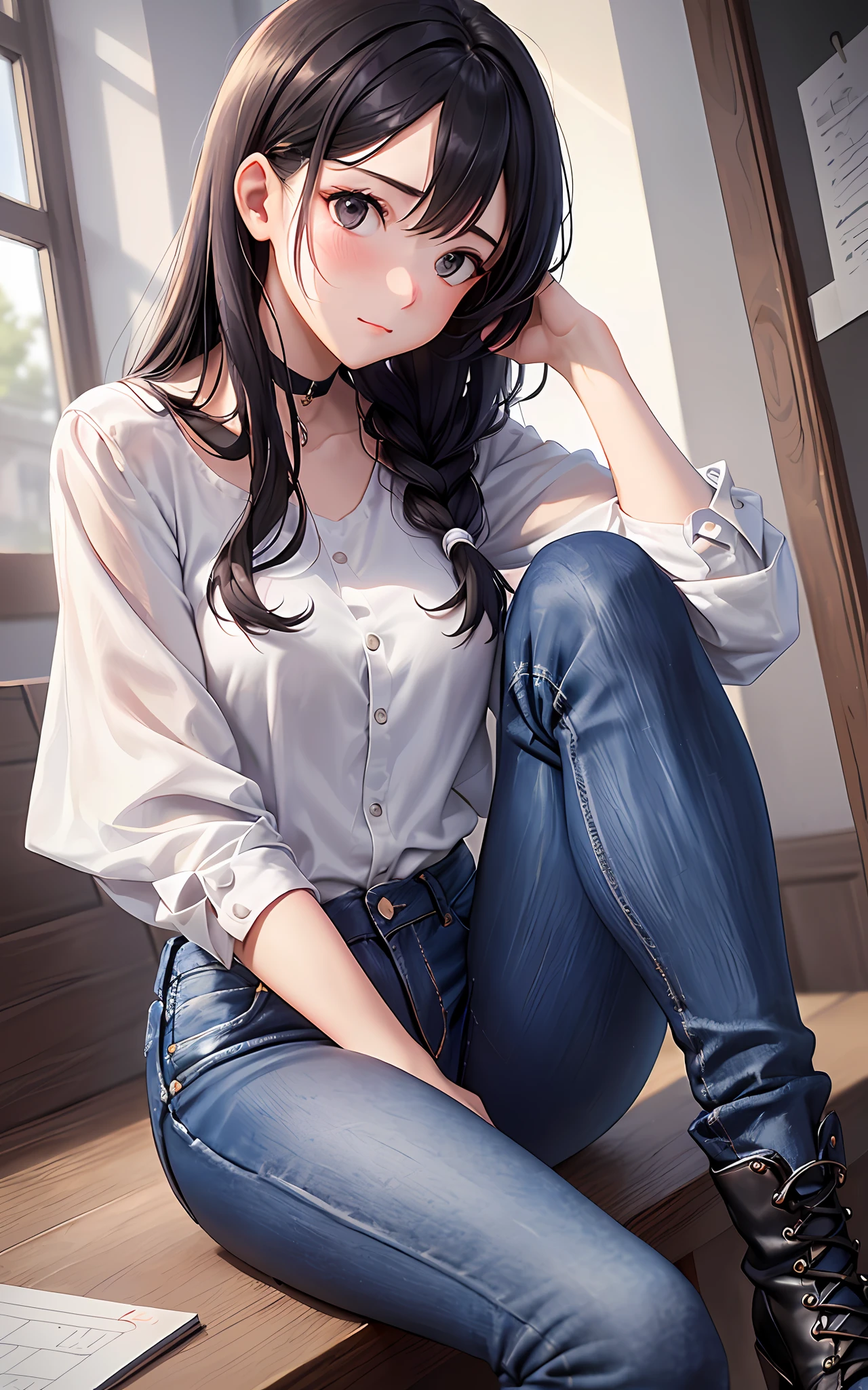 Drawing game CG, ((intricate details)), looking at the audience, soloist, girly, blushing, (shy), (female: 1.2), thin figure, delicate eyes, black hair, long hair, (white dress shirt: 1.2), (delicate jeans: 1.2), (deep indigo jeans: 1.2), (high-waisted jeans: 1.1), long trousers, middle_breast, (standing: 1.2), (behind arms: 1.3), (black eyes), (shy), (legs apart and knees together: 1.1), (room: 1.2), (black boots: 1.1), (from below: 1.1), POV