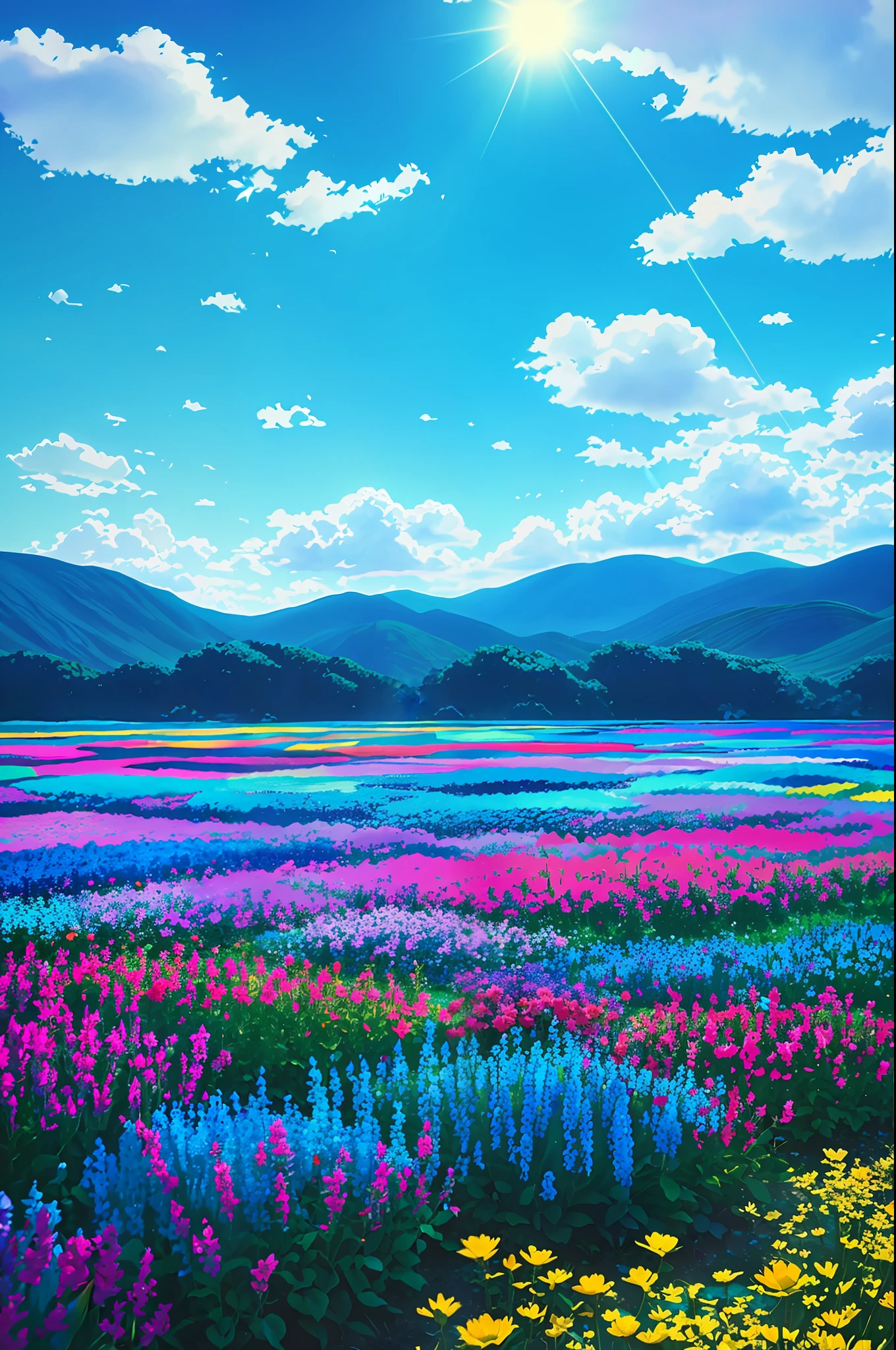 vibrant blue tinted colors, skyscraper, highly saturated colors, Fujifilm Fujichrome Provia 100F film, flower field, purity and dreamy symbolism, (muted colors:1.2), (photon mapping), octane render + hyper realistic, storage, (8k), hdr, sunny,