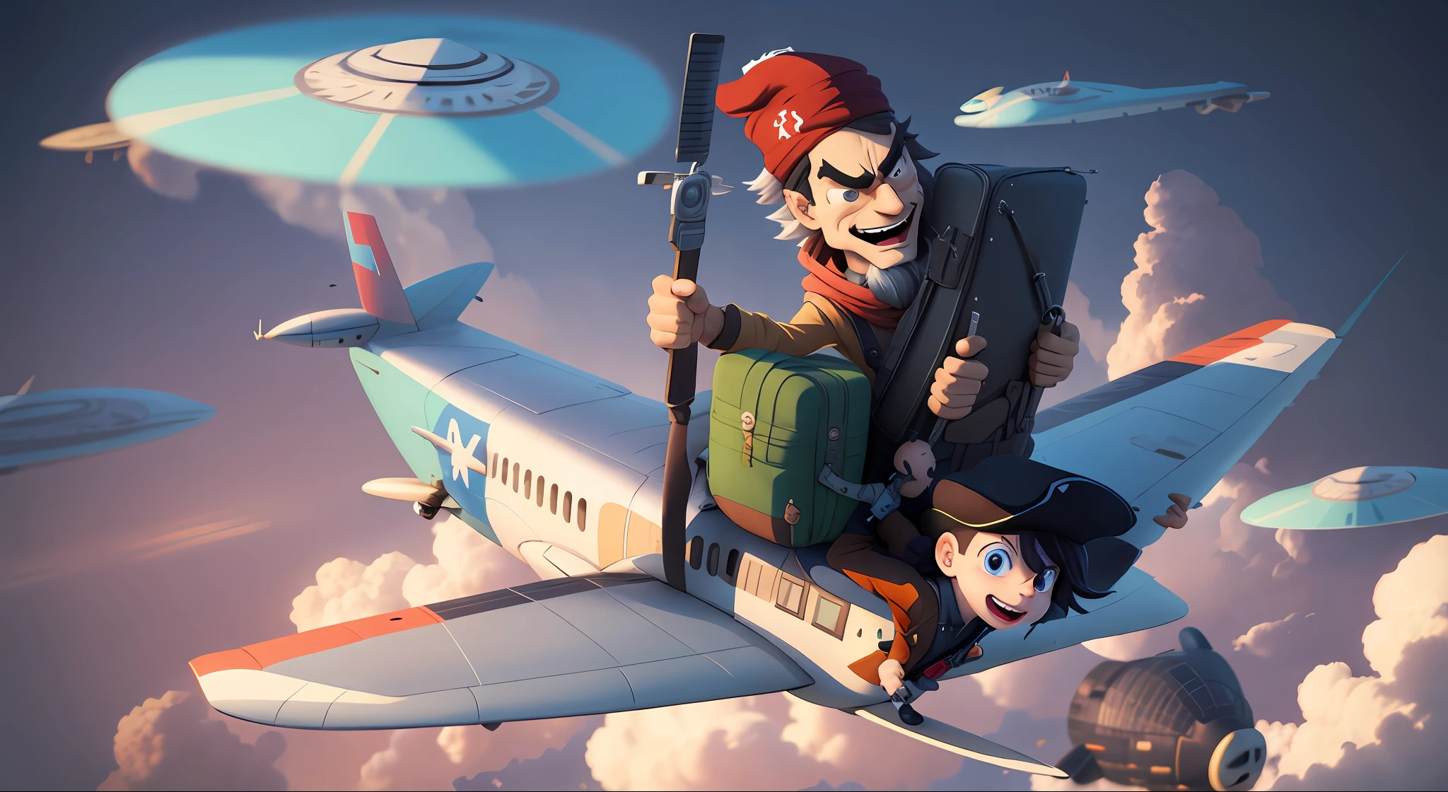 Cartoon, a robber on a plane, emoji smirk, pirate, thief, flying in the air, flying above Ukrainian soil, cartoon, political cartoon, exaggerated expressions and movements, 8K, animated illustration style, safe bru anime image, Loepfe art style, Loepfe art, chibi, Loepfe, official fan art, still from TV anime, characters flying, 8K cartoon illustration, Loepfe feeling