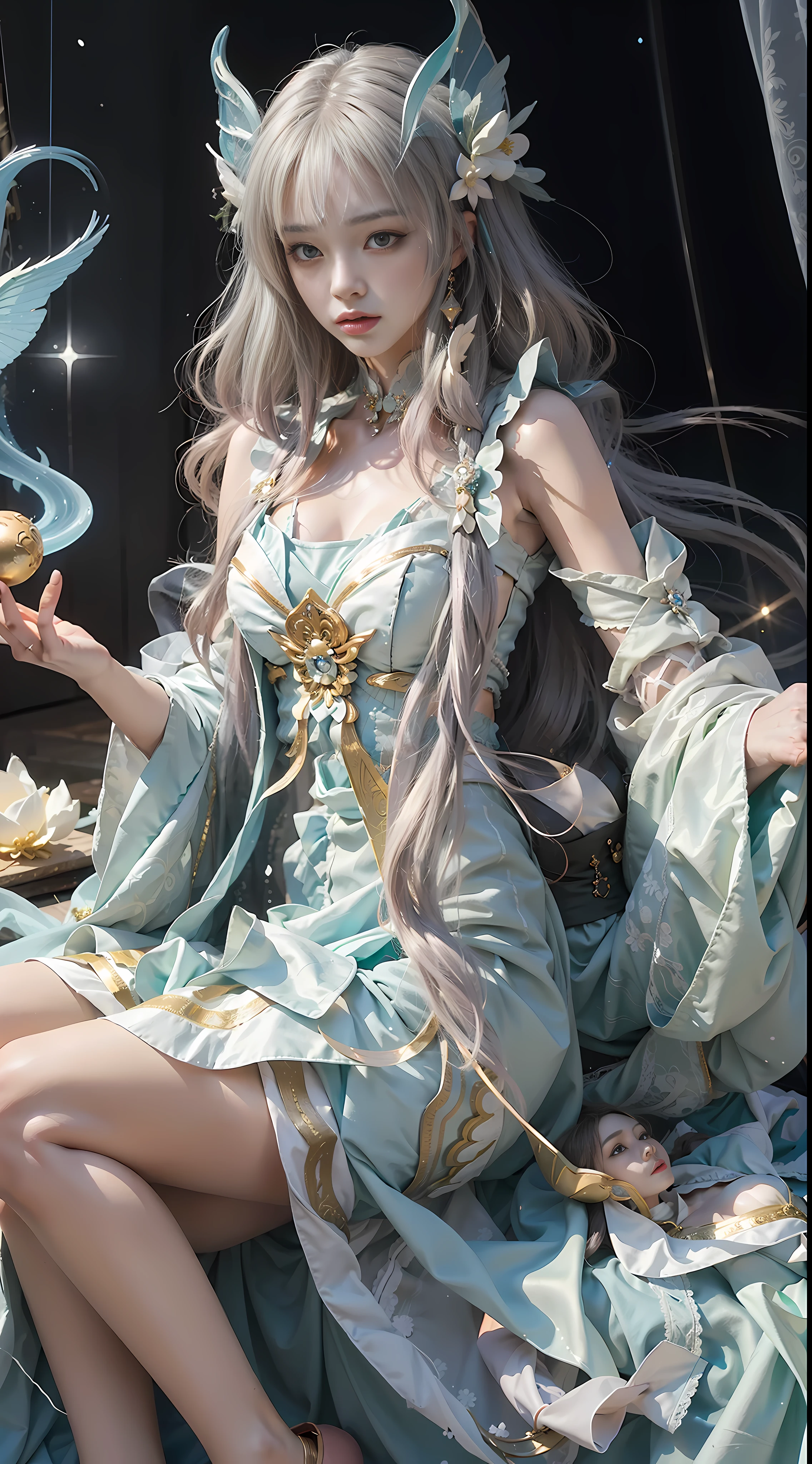 Close-up of women in costumes on stage, full body fairy, beautiful celestial mage, amazing young ethereal characters, beautiful fantasy queen, astral witch costume, sand stream, flowing magic robe, white Hanfu, fairy fantasy, beauty Delfin, ethereal fantasy, elegant and charming cosplay, Hirase Jinyao, lying on the bed, charming, very funny, a sports car, night punk oriental architecture! Lots of neon
