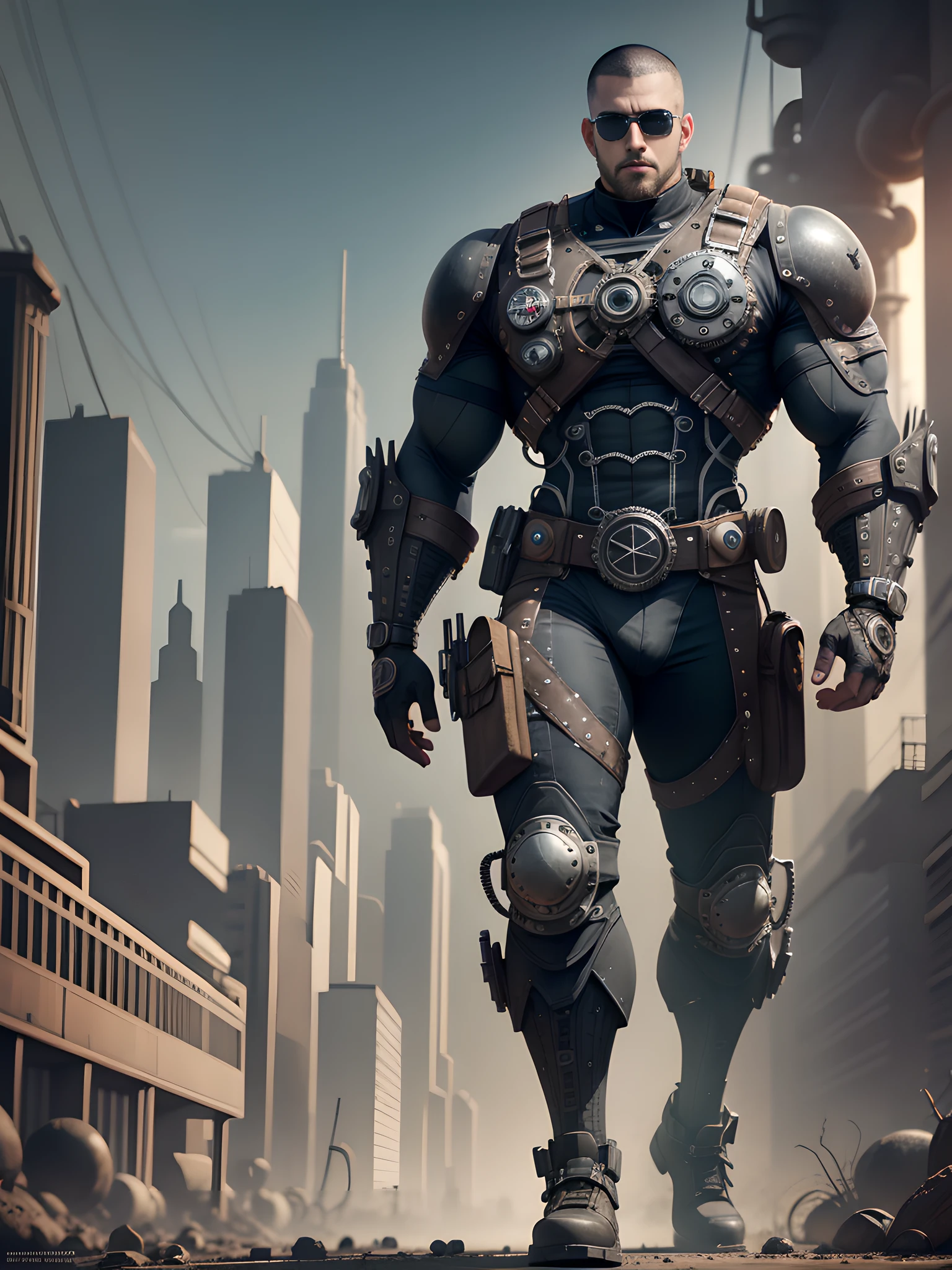 Male in the Heath, tall burly, dark black tights, big muscles, big bumps, Buzz cut, black sunglasses, black military boots, buzz cut, steampunk style, steampunk art, complex mechanical devices such as gears, pipes, valves, (huge industrial building: 1.4), gray theme, retro futurism, crazy details, (Fujiflim XT3), 20 megapixels, detailed, cinematic particles,
