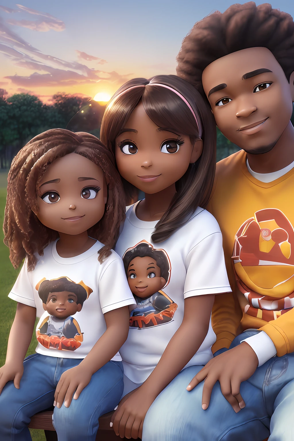 Rendering in (((3D)), of (((father, mother and son or 2 children))), (crisp perfect facial features: 1.15), well-defined symmetrical face, kind eyes, (dark brown skin tone) , cute, afro-alpine, cute smile, ((sitting on a bench in the park)), (((chibi))) wearing t-shirt and jeans, current fashion, long hair with princess accessories, park background, sunset sunset, (close-up of a traditional family), product preview, detailed details, pixar style, (((modeled face))), trend art, sharp details, cgsociety, very high quality digital art, exquisite hyperdetail, 4k, 8k soft lighting, dreamy, fashion, unreal mechanism rendering -- ar 9:16 --auto --s2