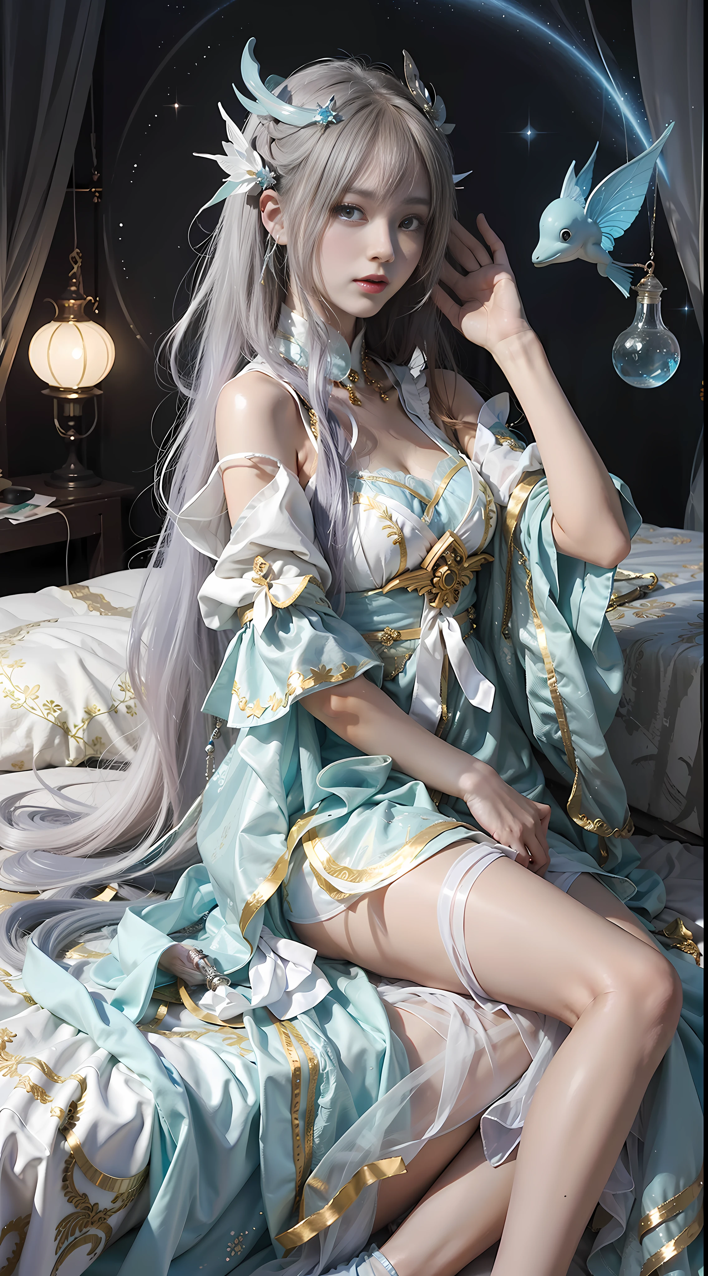 Close-up of women in costumes on stage, full body fairy, beautiful celestial mage, amazing young ethereal characters, beautiful fantasy queen, astral witch costume, sand stream, flowing magic robe, white Hanfu, fairy fantasy, beauty Delfin, ethereal fantasy, elegant and charming cosplay, Hirase Jinyao, lying on the bed, charming, very funny, a sports car, night punk oriental architecture! Lots of neon