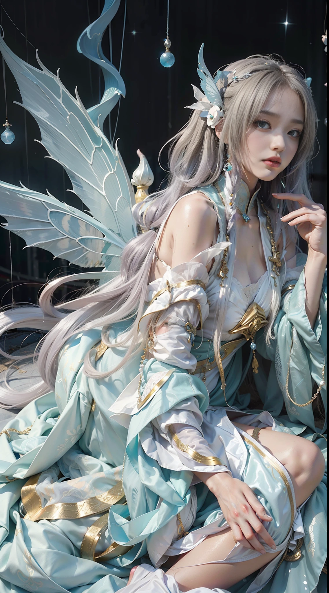 Close-up of women in costumes on stage, full body fairy, beautiful celestial mage, amazing young ethereal characters, beautiful fantasy queen, astral witch costume, sand stream, flowing magic robe, white Hanfu, fairy fantasy, beauty Delfin, ethereal fantasy, elegant and charming cosplay, Hirase Jinyao, lying on the bed, charming, very funny, a sports car, night punk oriental architecture! Lots of neon