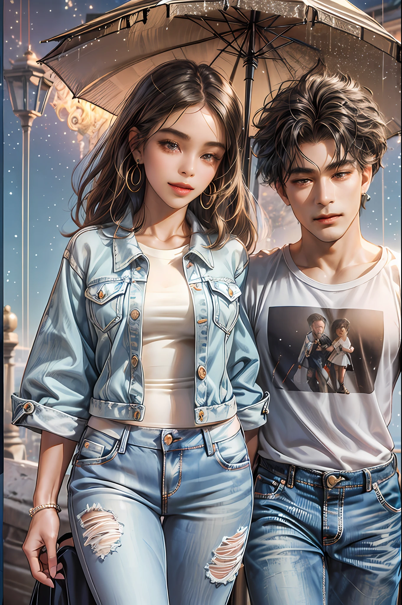 3D rendering of cute (dark brown skin color) girl, afro-alpine, cute smile, ((walking with her father and mother)), ((chibi)), (((father and mother))) wearing t-shirt and jeans, current fashion, long hair with princess accessories, ((accessories, earrings)), street background, rainy day, close-up, product view, detailed facial details, perfect face, trend art, sharp facial details, cgsociety, ultra high quality digital art, hyperexquisite detail, 4k , 8k soft lighting, dreamy, fashion, (((3D))) --auto --s2