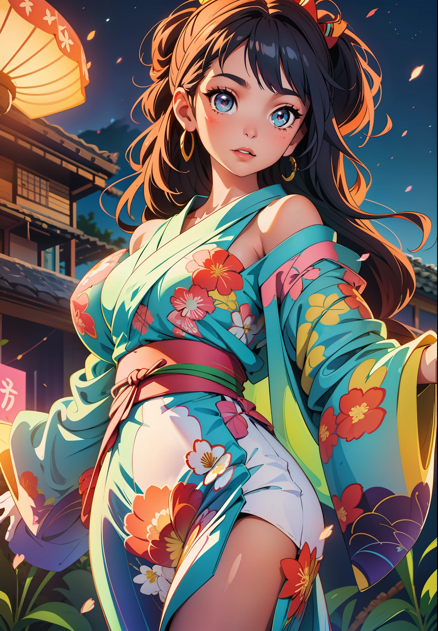 On a sparkling summer night, the sound of strumming wind chimes spreads out at the festival venue. There stood a beautiful woman. She is dressed in a glossy yukata and looks up at the sky where colorful fireworks soar, her eyes have a dreamy glow.
The soft fabric of the yukata gently follows her body, and the way her exposed shoulders and arms show through thinly accentuates her curvaceous beauty. A gorgeous floral band is tied around her chest, and the color further enhances the beauty of her skin.