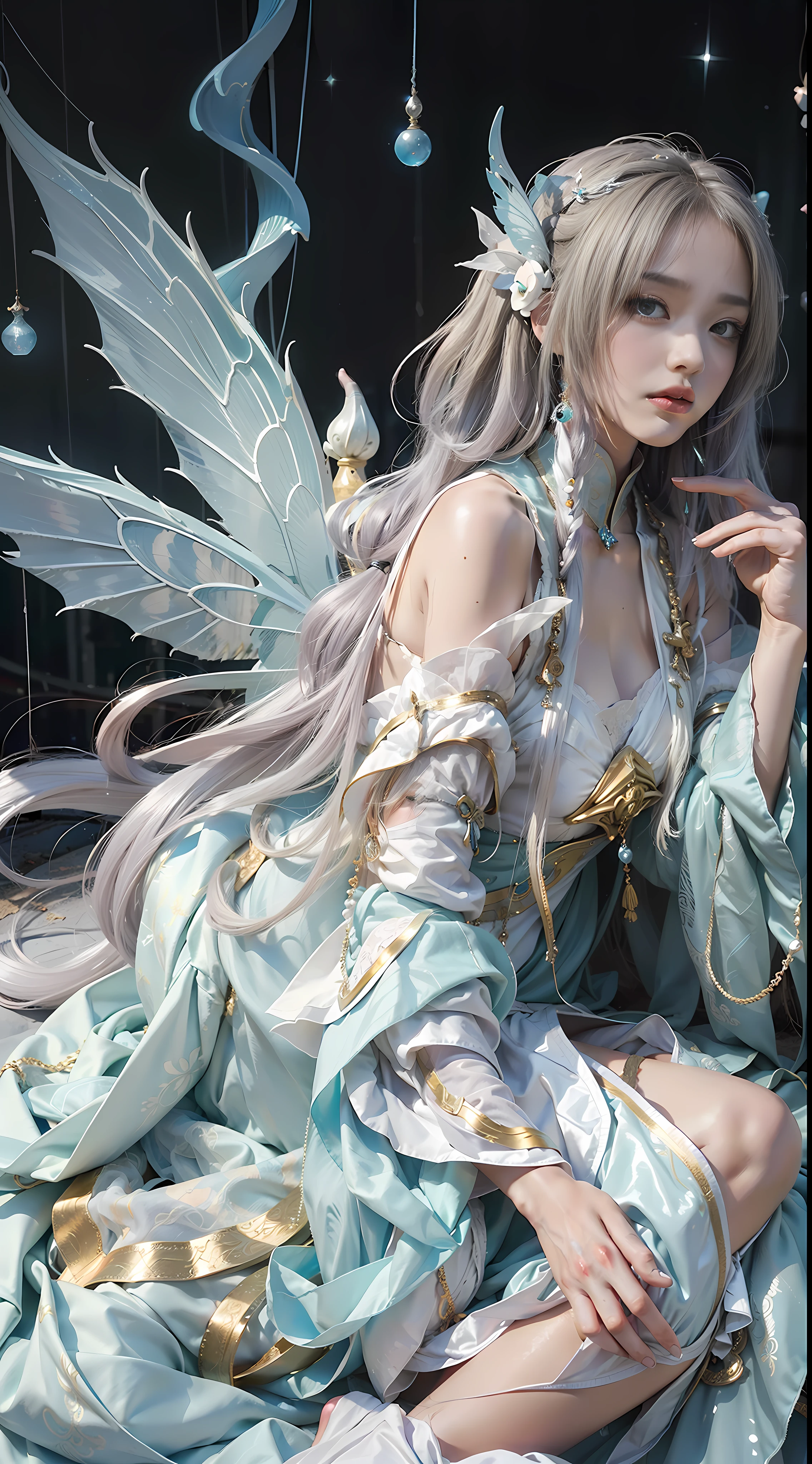 Close-up of women in costumes on stage, full body fairy, beautiful celestial mage, amazing young ethereal characters, beautiful fantasy queen, astral witch costume, sand stream, flowing magic robe, white Hanfu, fairy fantasy, beauty Delfin, ethereal fantasy, elegant and charming cosplay, Hirase Jinyao, lying on the bed, charming, very funny, a sports car, night punk oriental architecture! Lots of neon