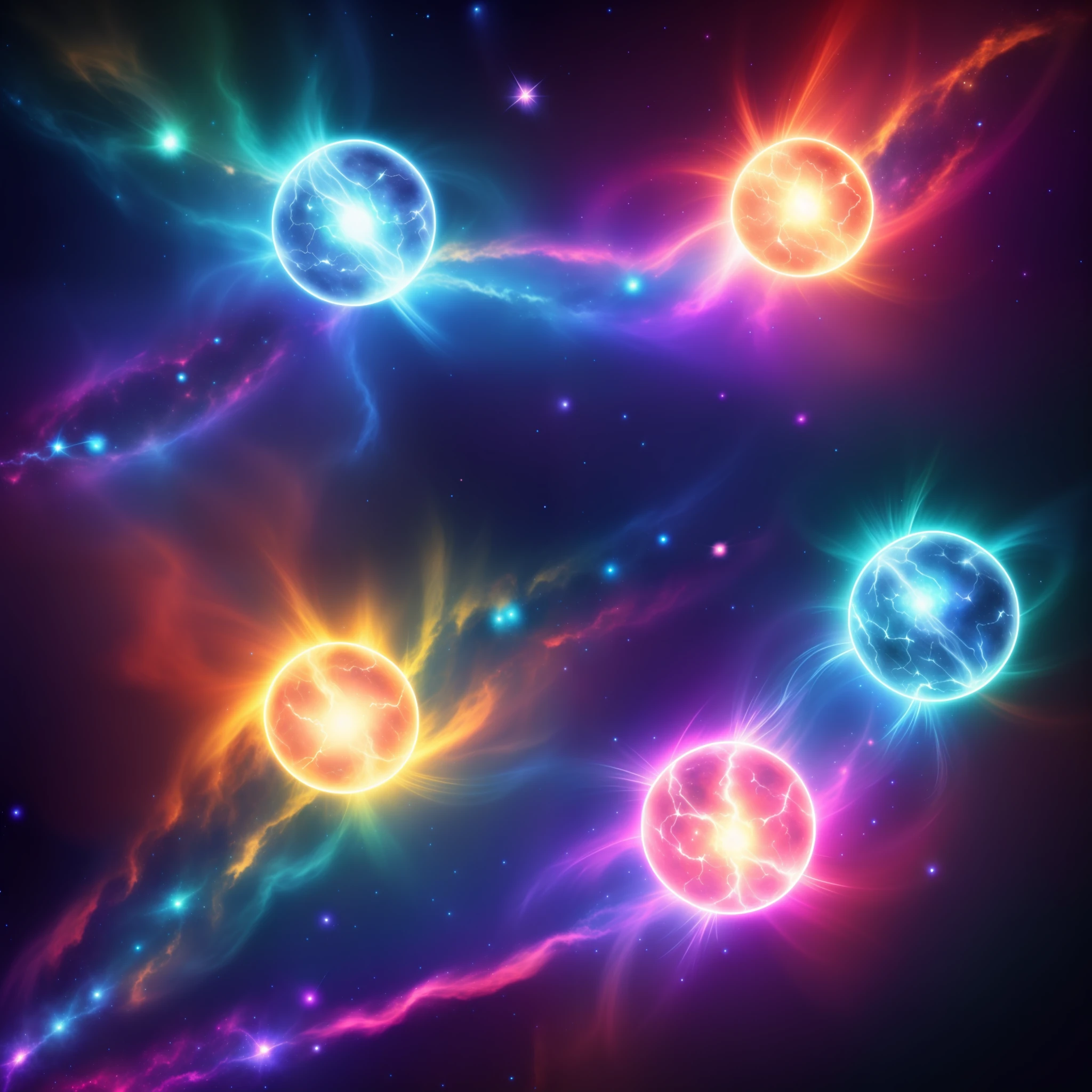 two glowing balls of astral energy, left and right, connected by electric arcs, particle space background, nebula, amazing wallpaper, above the clouds, quasar, quantum, quarks