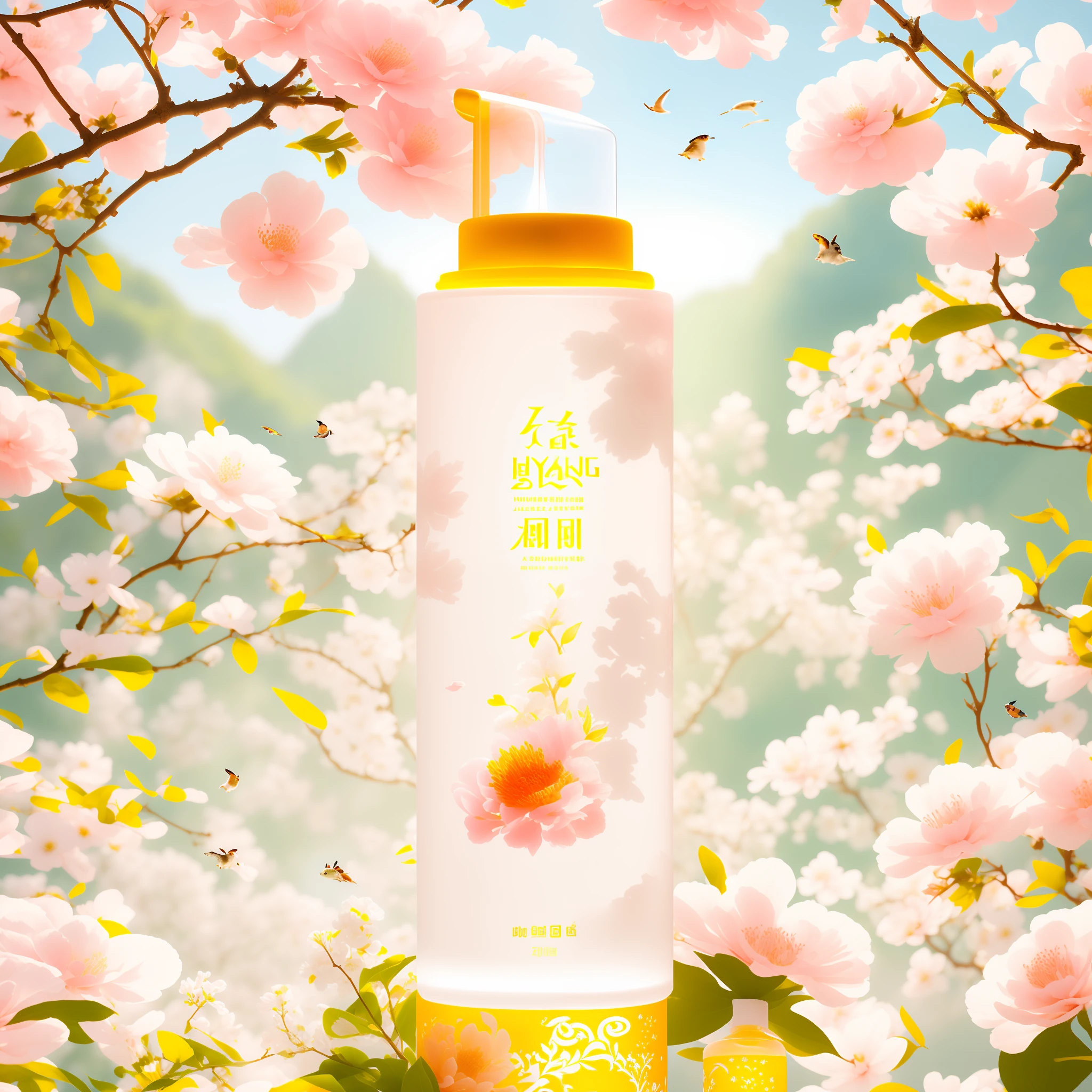 A white bottle, surrounded by flowers and forests. Squirrels jump, plants bloom, warm sunlight spills down, illuminating the daytime beauty, bright colors. , inspired by Luo Mu, inspired by Ma Yuanyu, inspired by Zhiding, inspired by Xiao Yuncong, Jia, inspired by Qiu Ying, author: Qu Leilei, skin care brand photo, inspired by Huang Ji, Lu Ji, Zhongyuan Festival, inspired by Cao Zhibai