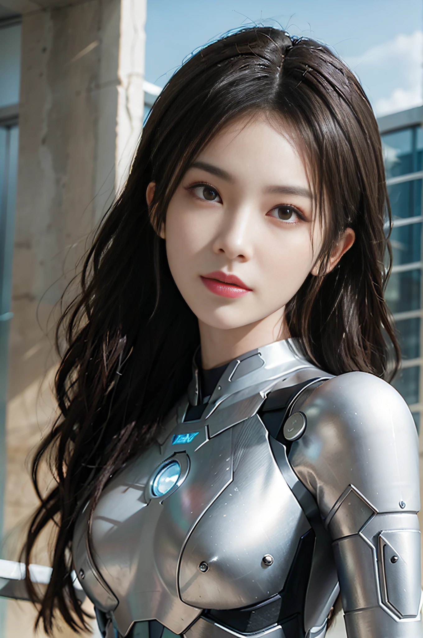 RAW, Masterpiece, Super Fine Photo, crystal liu, Best Quality, Ultra High Resolution, Photorealistic Photorealism, Sunlight, Full Body Portrait, Amazing Beauty, Dynamic Pose, Delicate Face, Vibrant Eyes, (from the side), She Wears Futuristic Iron Man Mech, Very Detailed Background, Detailed Face, Detailed Complex Busy Background, Messy, Gorgeous, Milky White, Highly Detailed Skin, Realistic Skin Details, Visible Pores, Sharp Focus, Volume Fog, 8k UHD, DSLR camera, high quality, film grain, fair skin, photorealism, lomography, huge metropolis in a future dystopia, seen from below, translucent