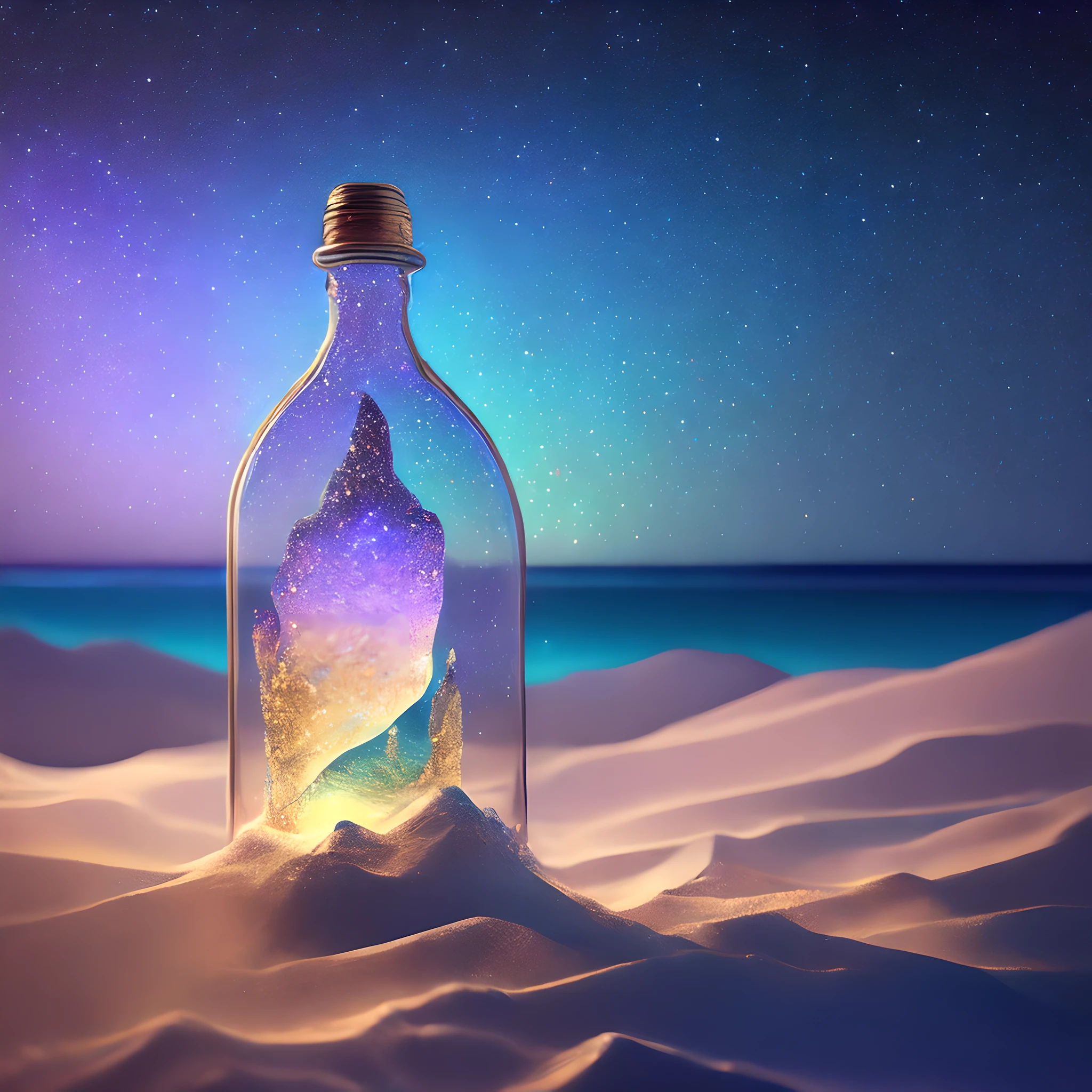 glass bottle sitting on top of a table| a photorealistic painting| pixels| pastels| conceptual art| earth,stars and galaxies| highly detailed perfect render| light effect| modern fantasy| glittering multiversal ornaments| universe in a grain of sand| photo manipulation| beautiful composition